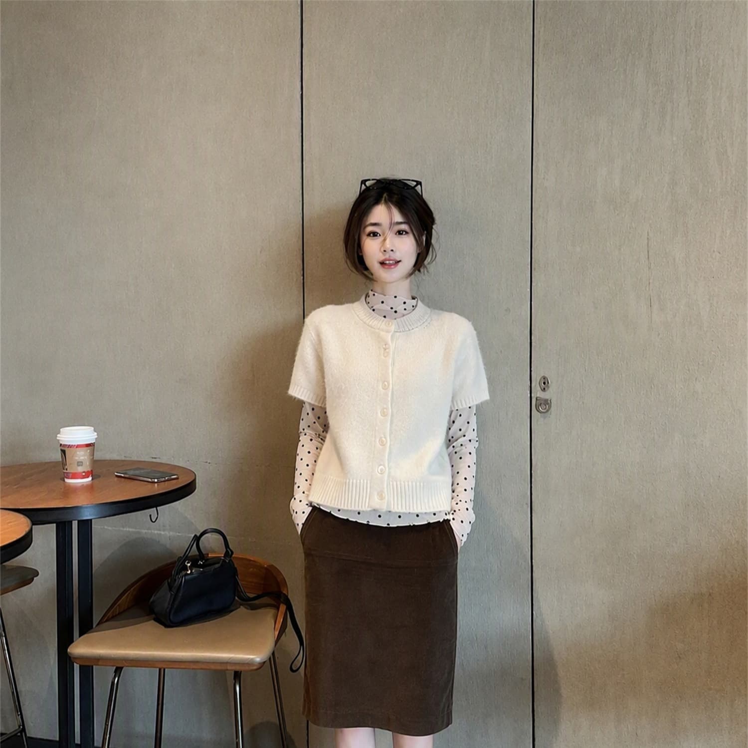 정가 프랑스식 품격 작은 대중 부드러운 다용도 슬림해 보이는 캐주얼 반팔 니트 스웨터 이미지 5