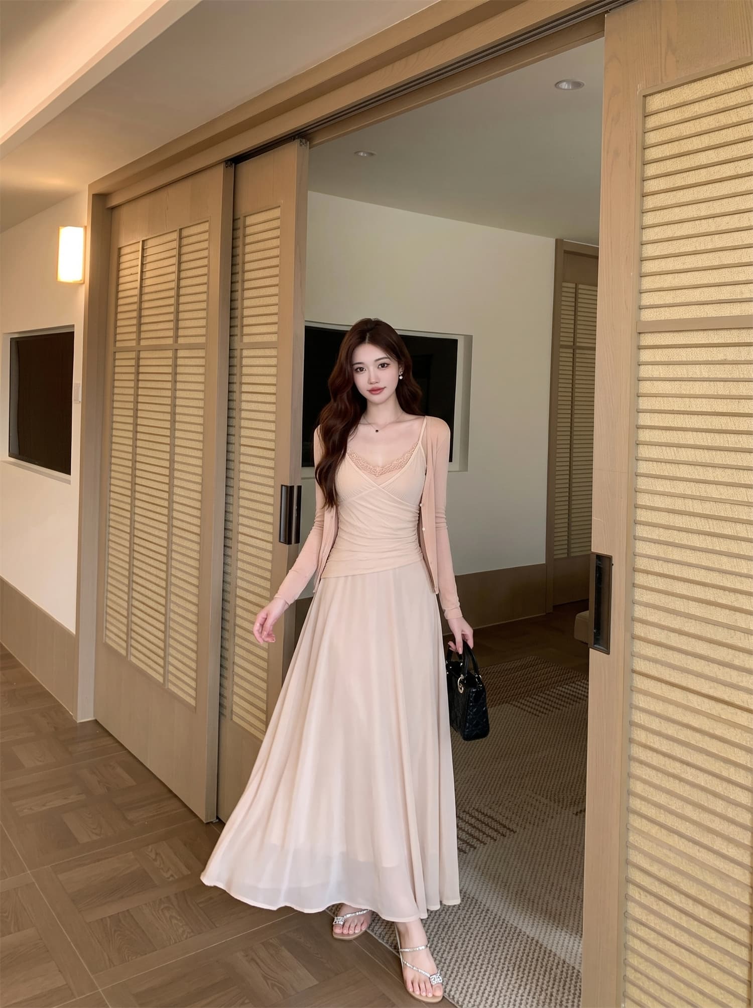 정가 순수한 욕망 부서 레이스 조각 슬립 드레스 한국 스타일 치마 롱 코트 한 마디 품격 롱 스커트 투피스 세트