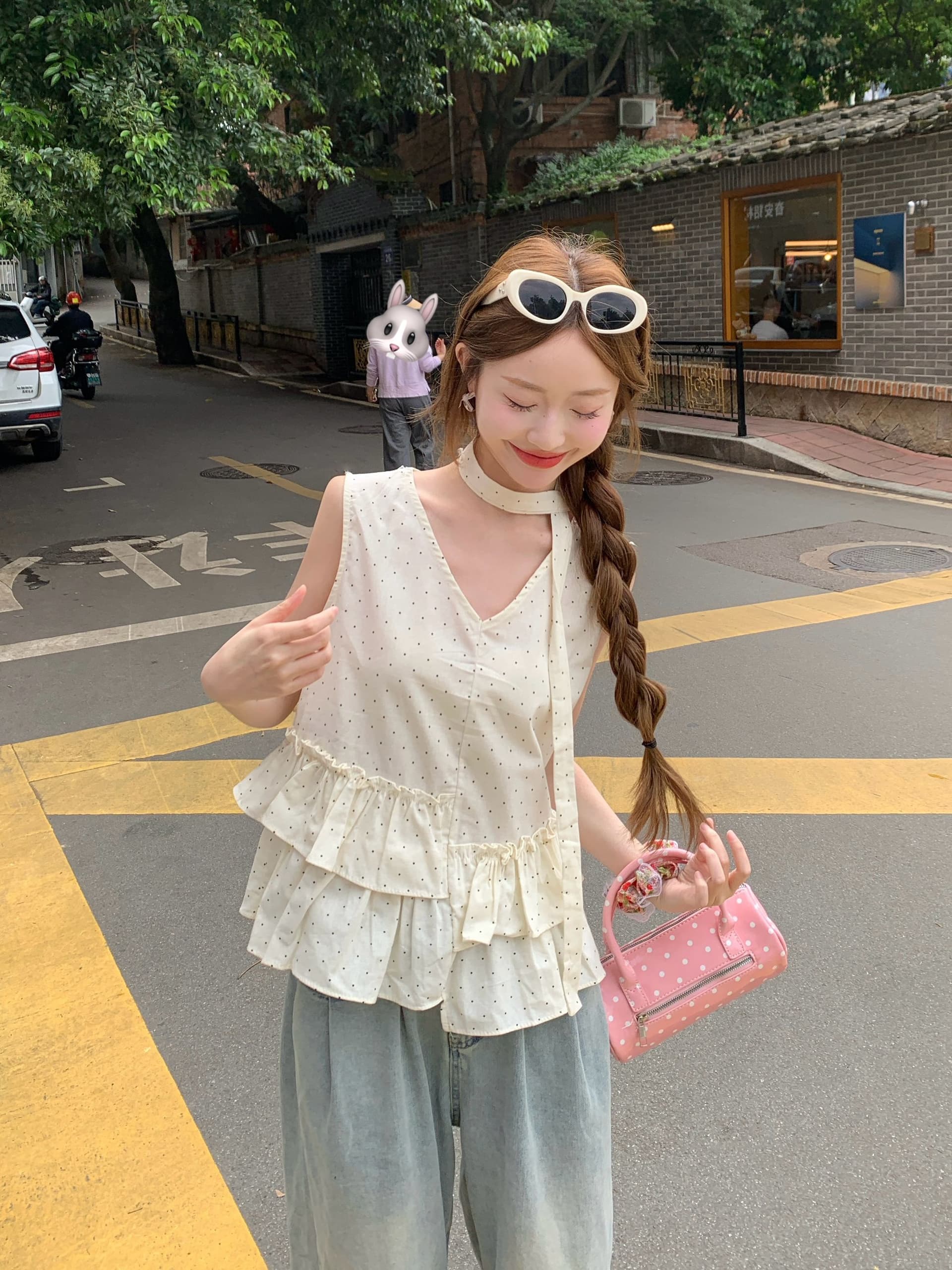 실사 여름 도트 무늬 민소매 조끼 셔츠 불규칙 프릴 작은 키 루즈핏 맨위 리본 행침 목 상세 이미지 4