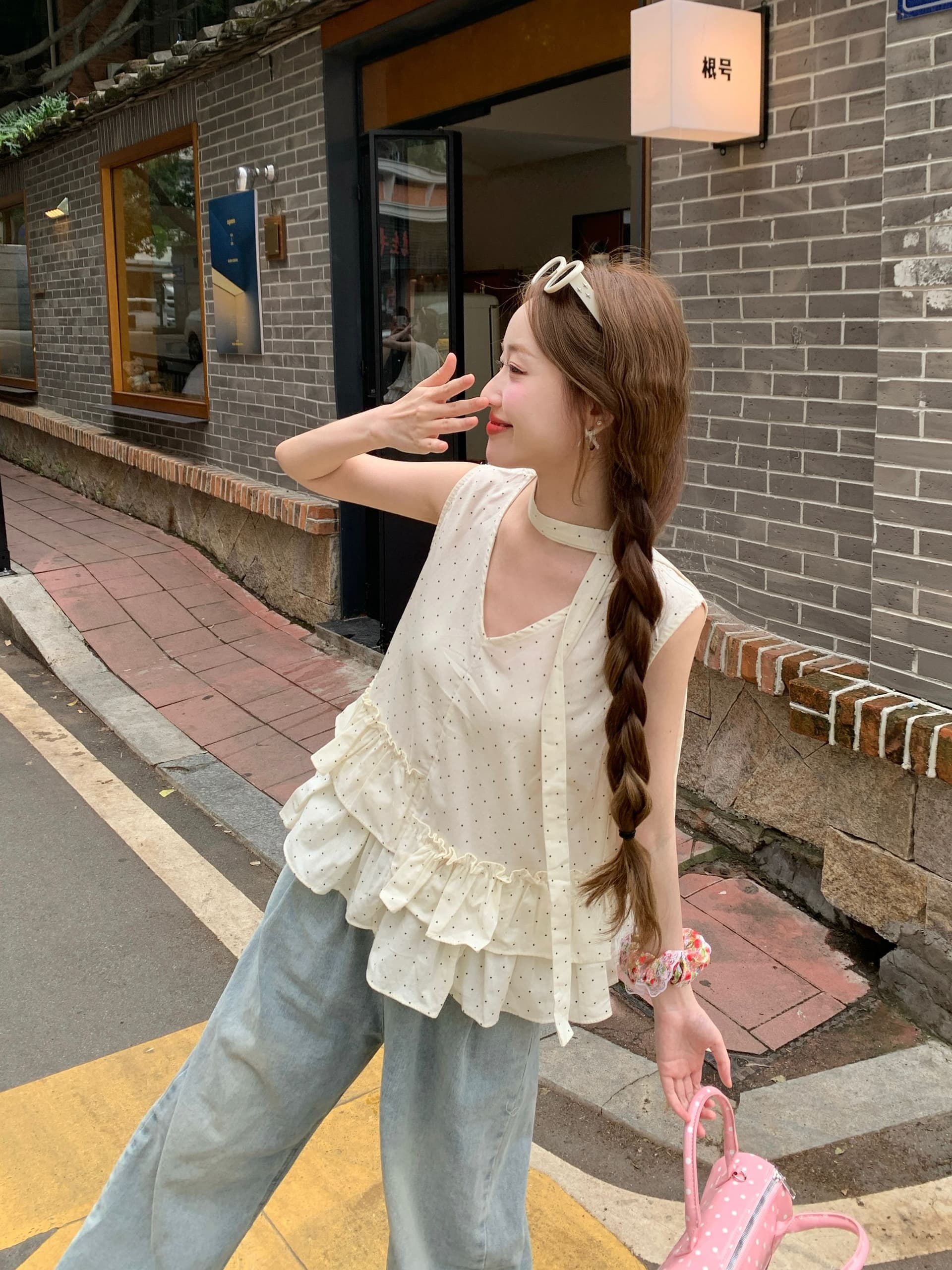 실사 여름 도트 무늬 민소매 조끼 셔츠 불규칙 프릴 작은 키 루즈핏 맨위 리본 행침 목 상세 이미지 6