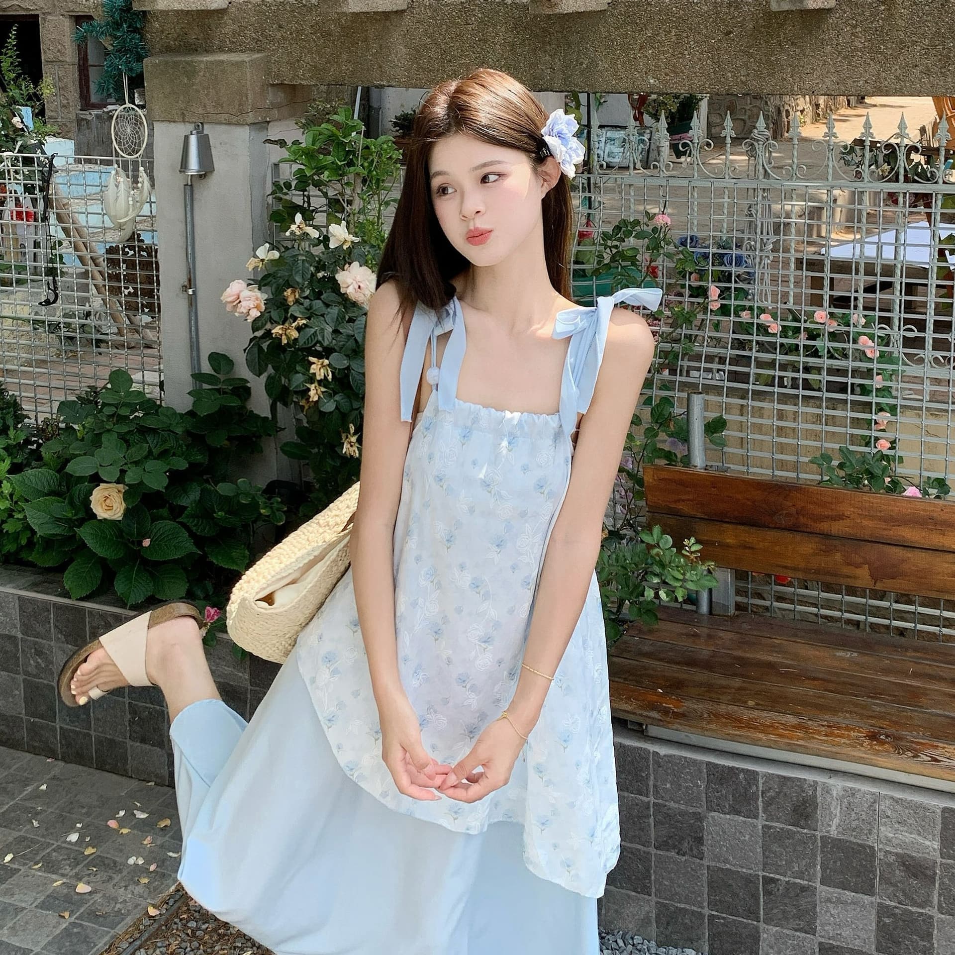 실사 해변가 휴가 꽃무늬 슬립 드레스 여성 여름 부드러운 바람 품격 불규칙 페이크 레이어드 슬림해 보이는 한 마디 치마 이미지 5