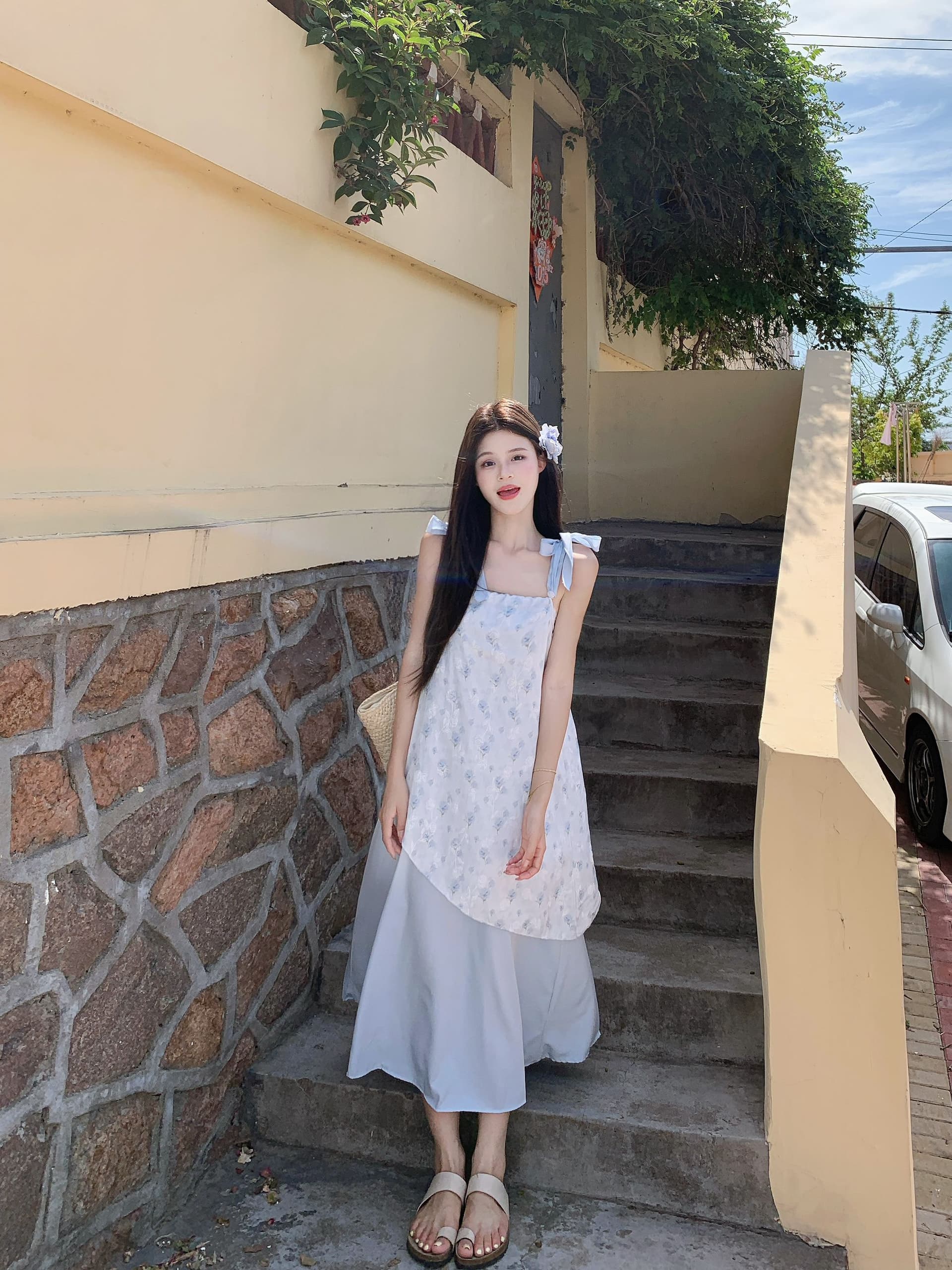 실사 해변가 휴가 꽃무늬 슬립 드레스 여성 여름 부드러운 바람 품격 불규칙 페이크 레이어드 슬림해 보이는 한 마디 치마 상세 이미지 3