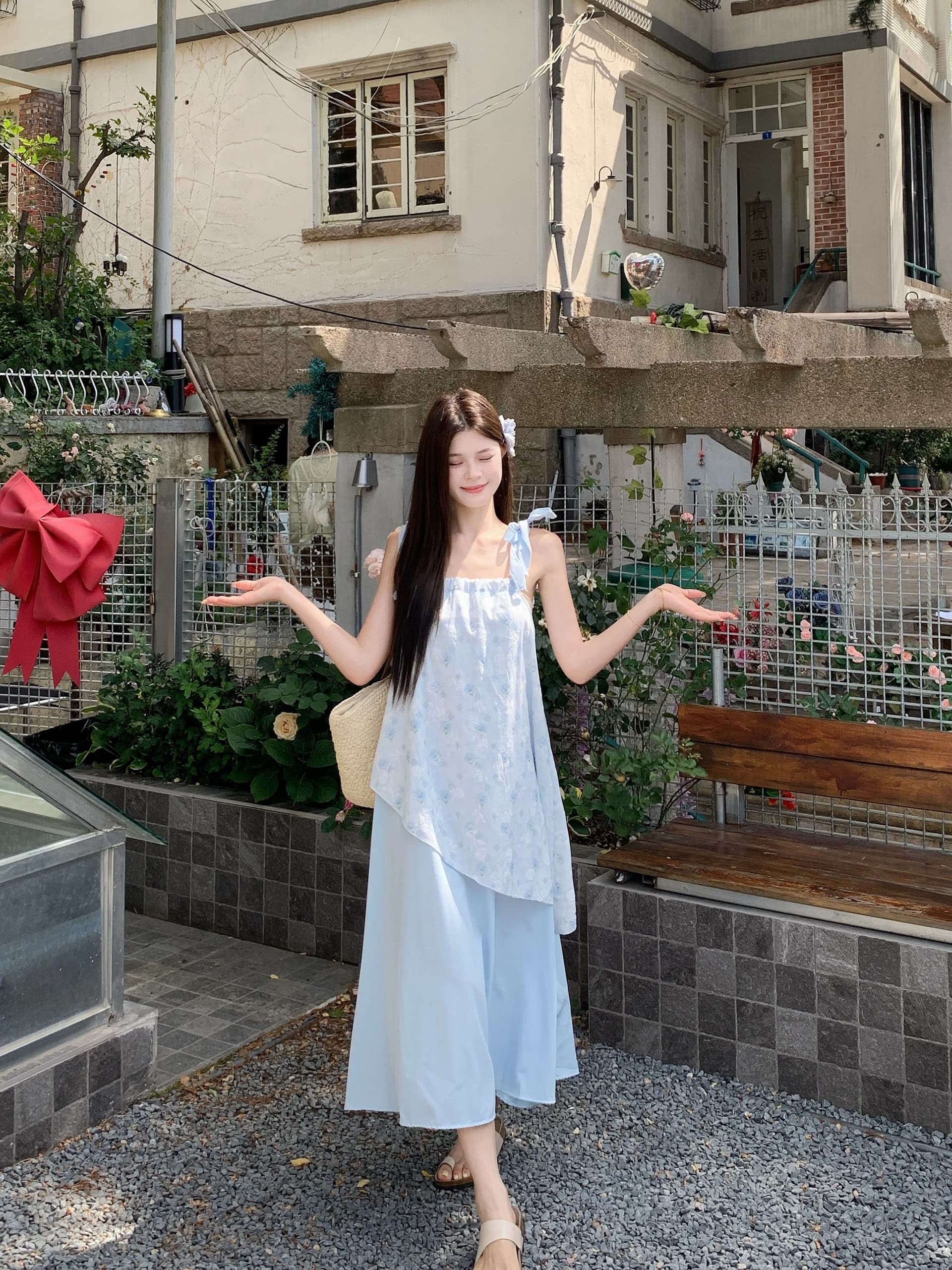실사 해변가 휴가 꽃무늬 슬립 드레스 여성 여름 부드러운 바람 품격 불규칙 페이크 레이어드 슬림해 보이는 한 마디 치마 상세 이미지 10
