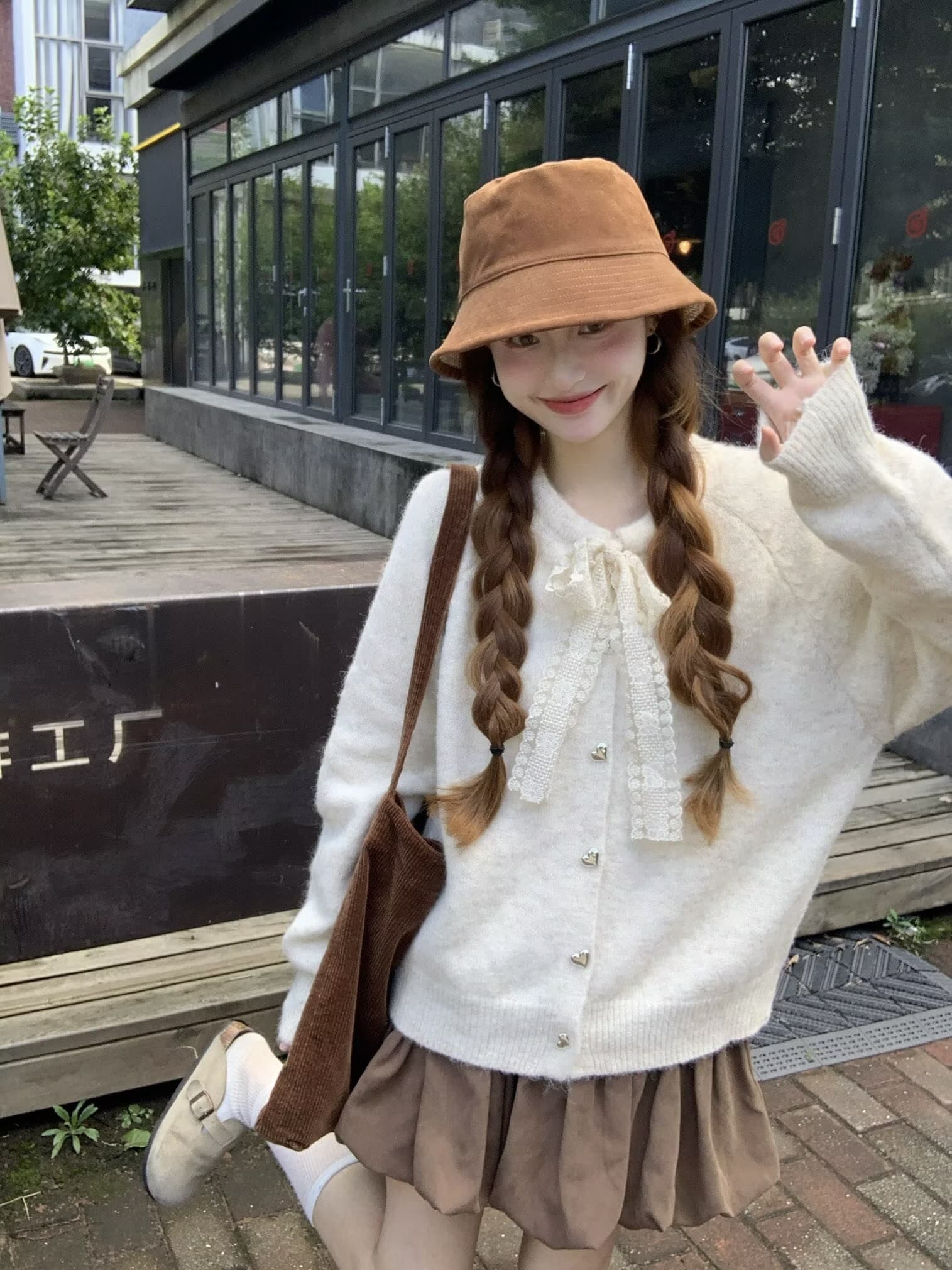 실사 한 부서 나비 넥타이 라운드 넥 긴팔 니트 스웨터 오픈 가디건 여성 가을 겨울 루즈핏 쇼트 스타일 스웨터 상세 이미지 12