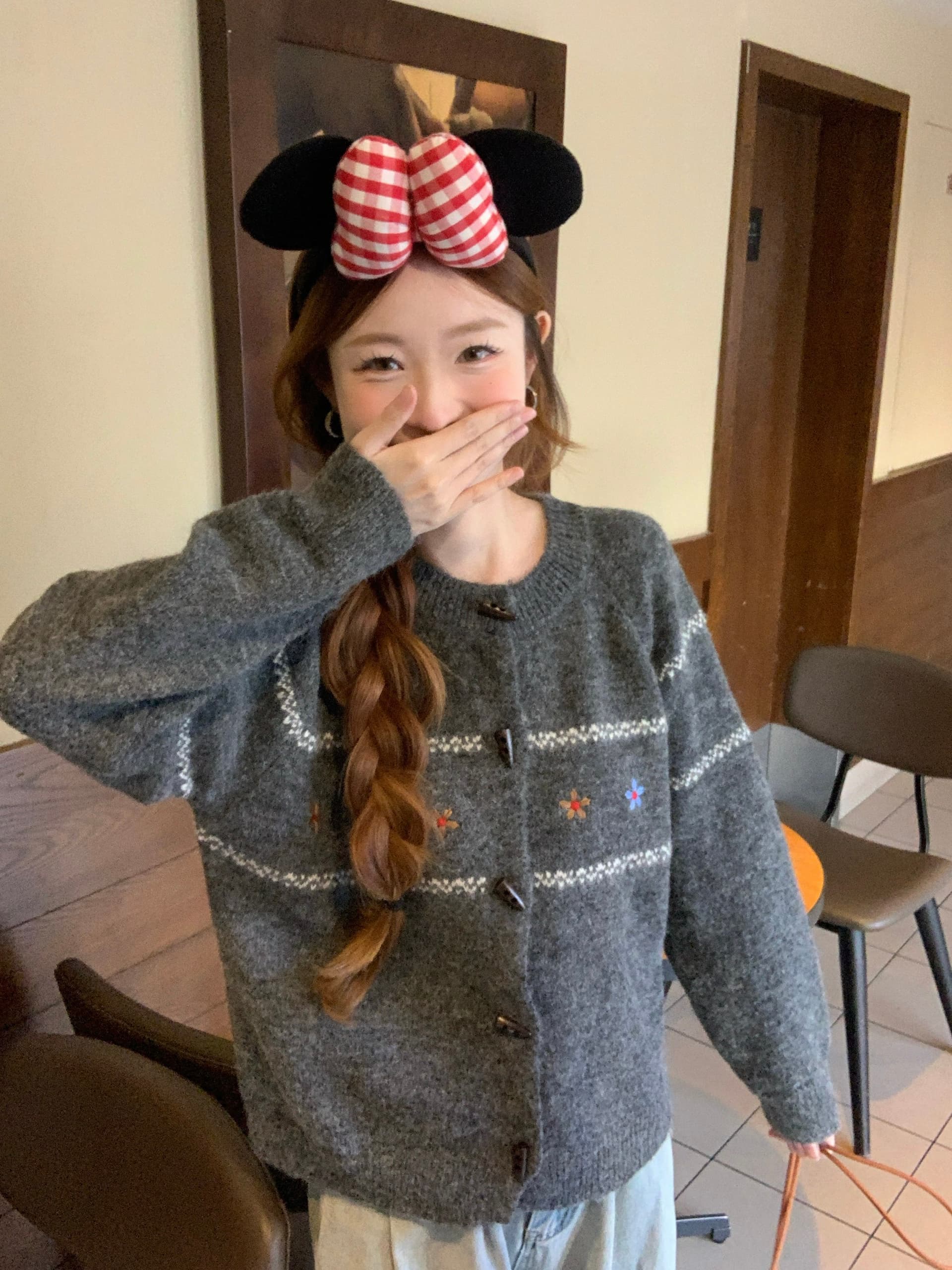 실사 한 부서 레트로 느긋한 루즈핏 오픈 가디건 회색 공정한 섬 스웨터 여성 코트 가을 겨울 소뿔 버클 외출용 이미지 4