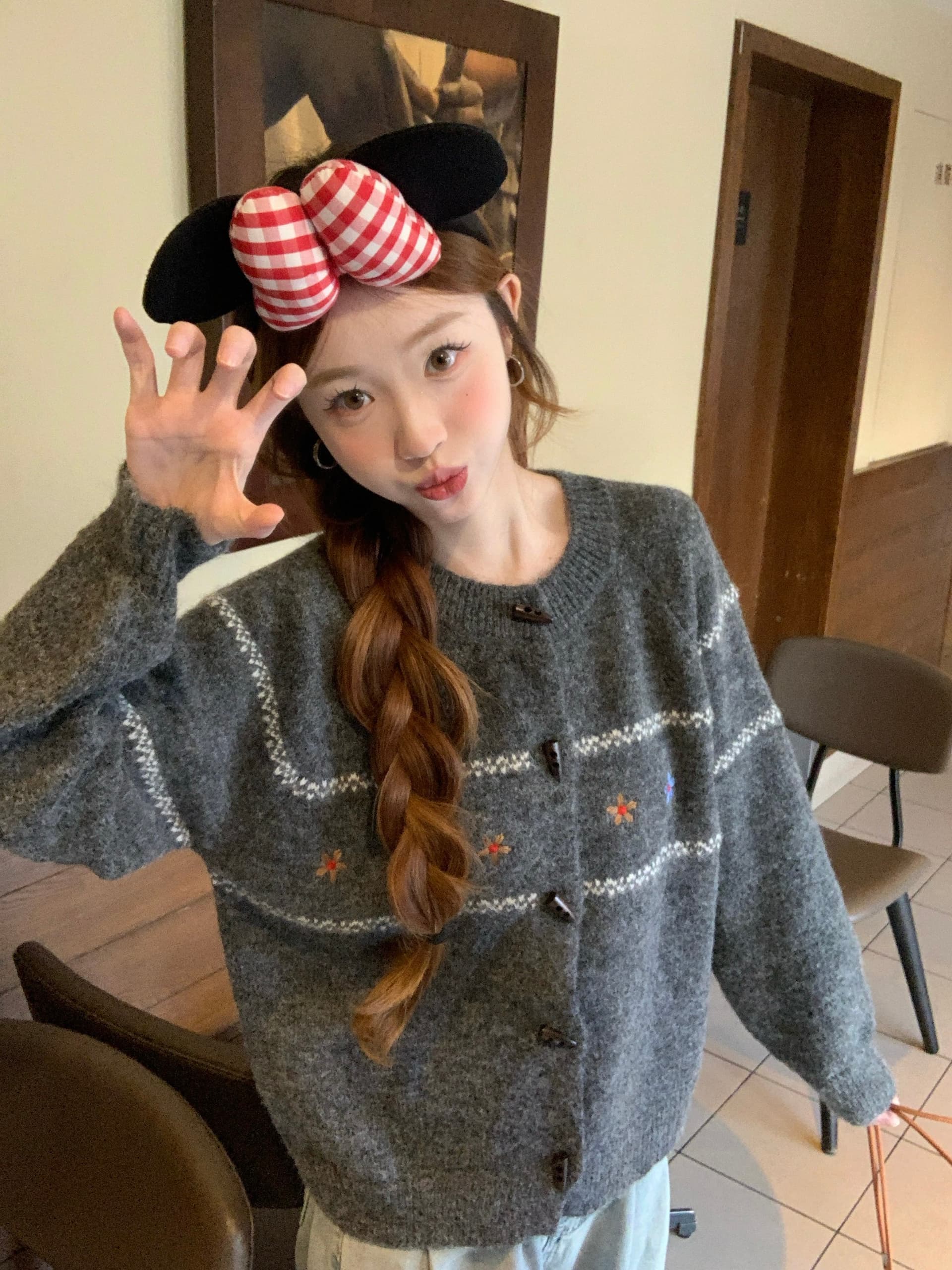 실사 한 부서 레트로 느긋한 루즈핏 오픈 가디건 회색 공정한 섬 스웨터 여성 코트 가을 겨울 소뿔 버클 외출용 상세 이미지 2