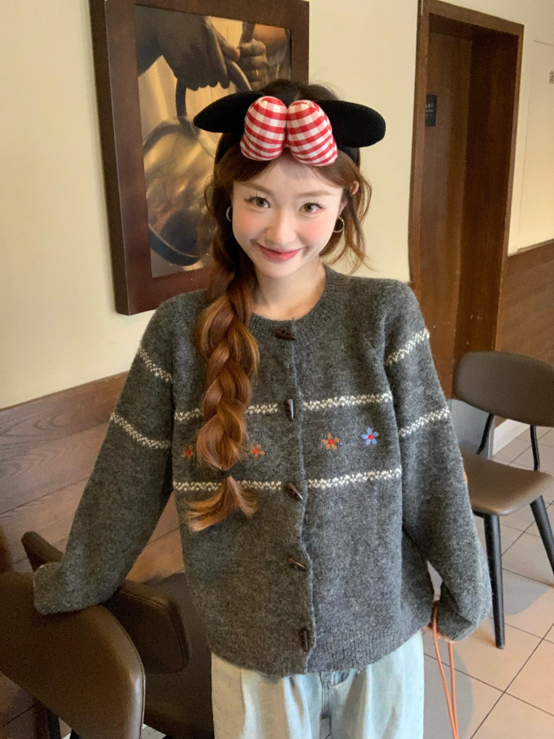 실사 한 부서 레트로 느긋한 루즈핏 오픈 가디건 회색 공정한 섬 스웨터 여성 코트 가을 겨울 소뿔 버클 외출용 상세 이미지 5