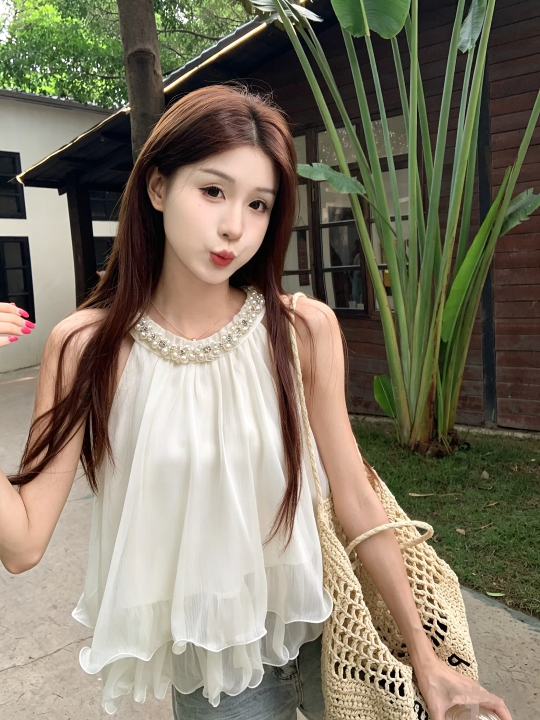 실사 명문 여성 천 골드 무거운 작업 다이아몬드 세팅 민소매 쉬폰 여성 셔츠 여름 새로운 루즈핏 슬림해 보이는 작은 셔츠 트렌디 이미지 2