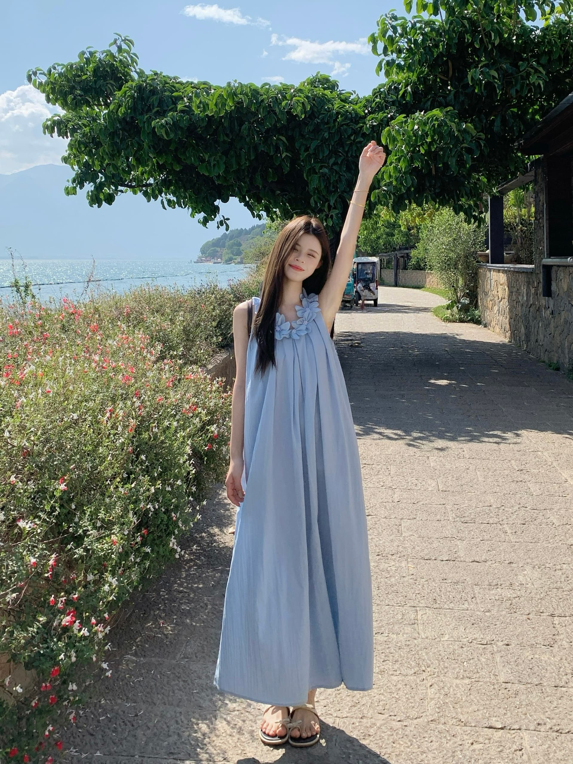 실사 무거운 작업 3 차원 꽃 슬립 여성 드레스 여름 루즈핏 슬림해 보이는 한 마디 민소매 롱 스커트 부드러운 바람 상세 이미지 13
