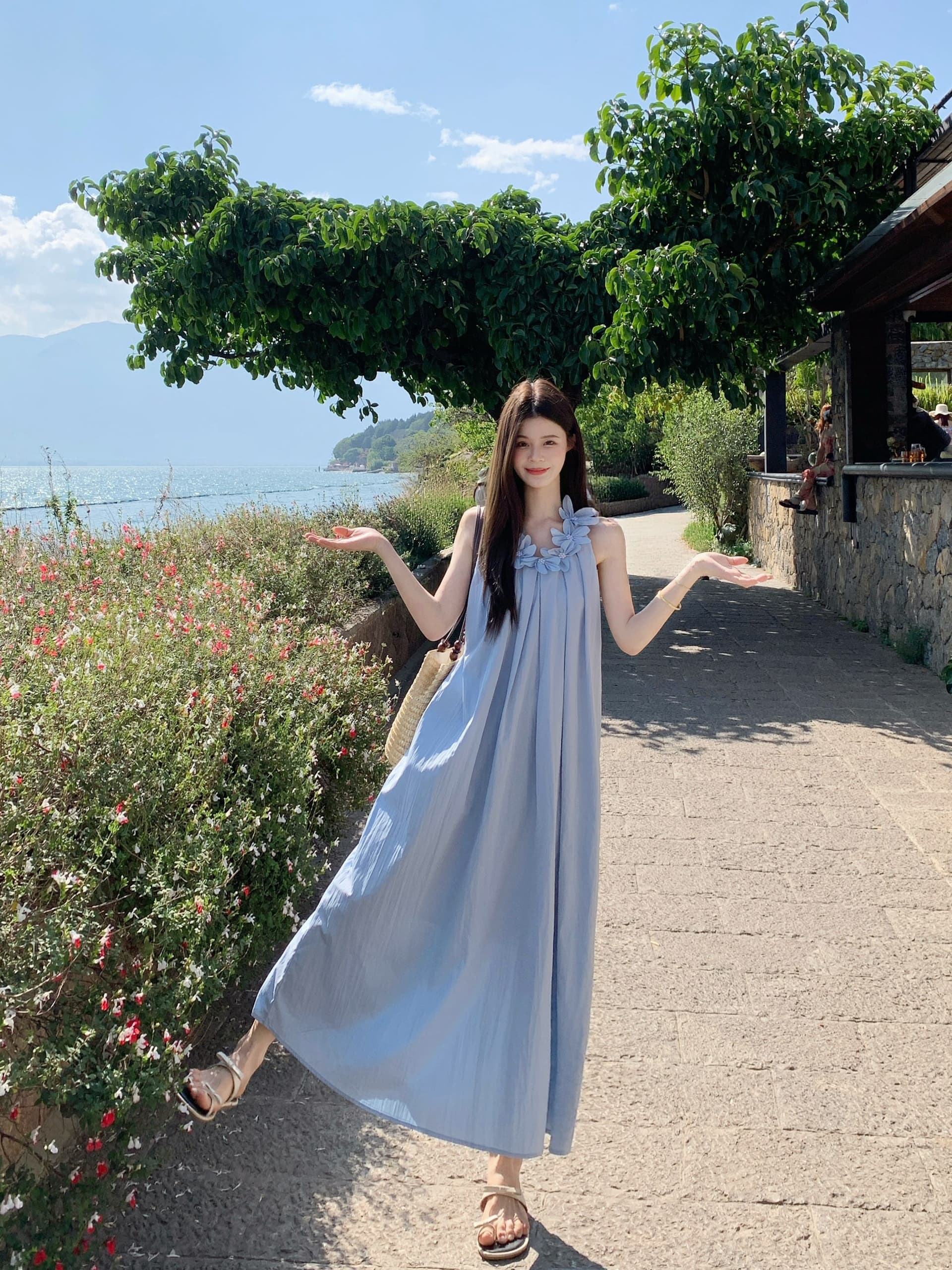 실사 무거운 작업 3 차원 꽃 슬립 여성 드레스 여름 루즈핏 슬림해 보이는 한 마디 민소매 롱 스커트 부드러운 바람 상세 이미지 14