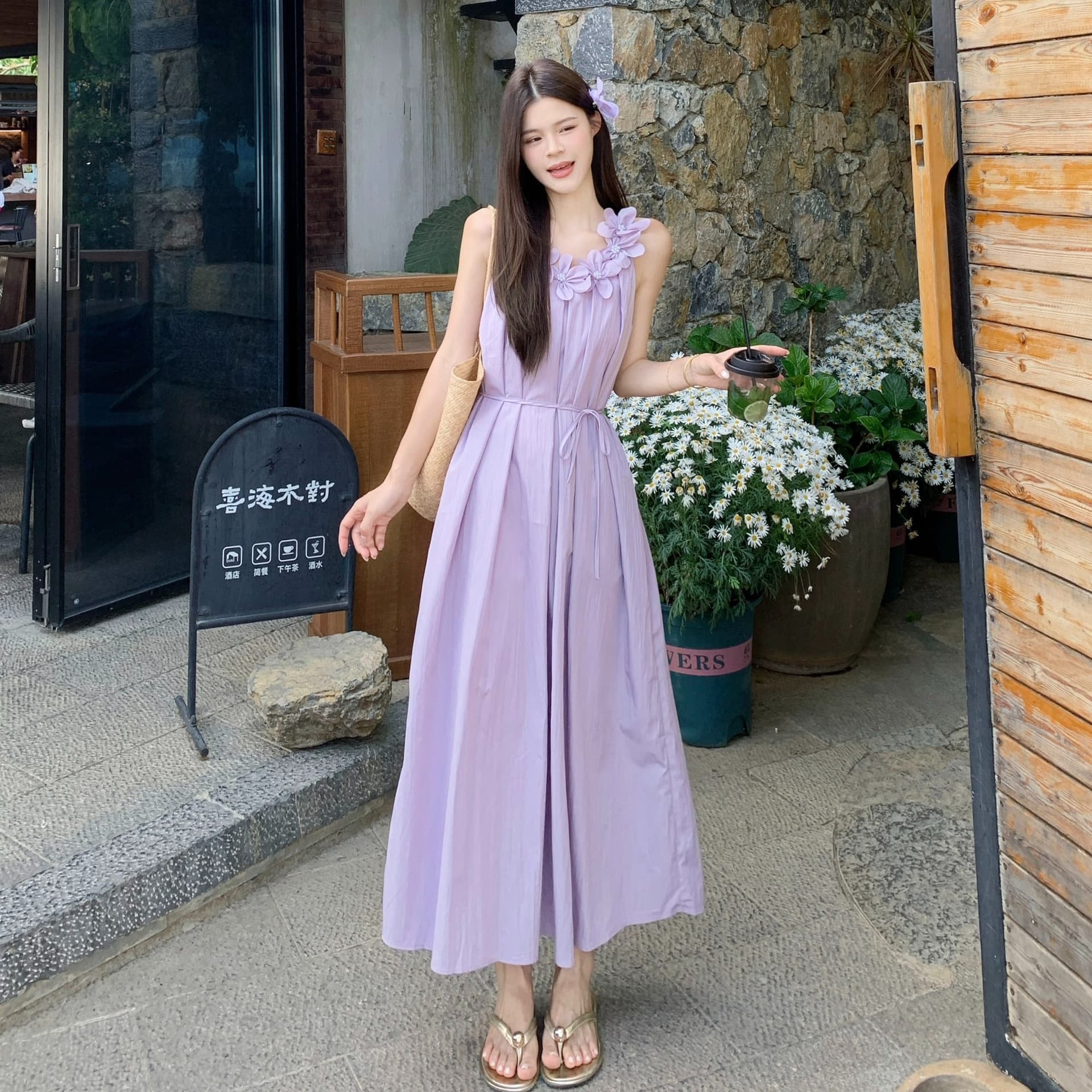 실사 무거운 작업 3 차원 꽃 슬립 여성 드레스 여름 루즈핏 슬림해 보이는 한 마디 민소매 롱 스커트 부드러운 바람 이미지 5