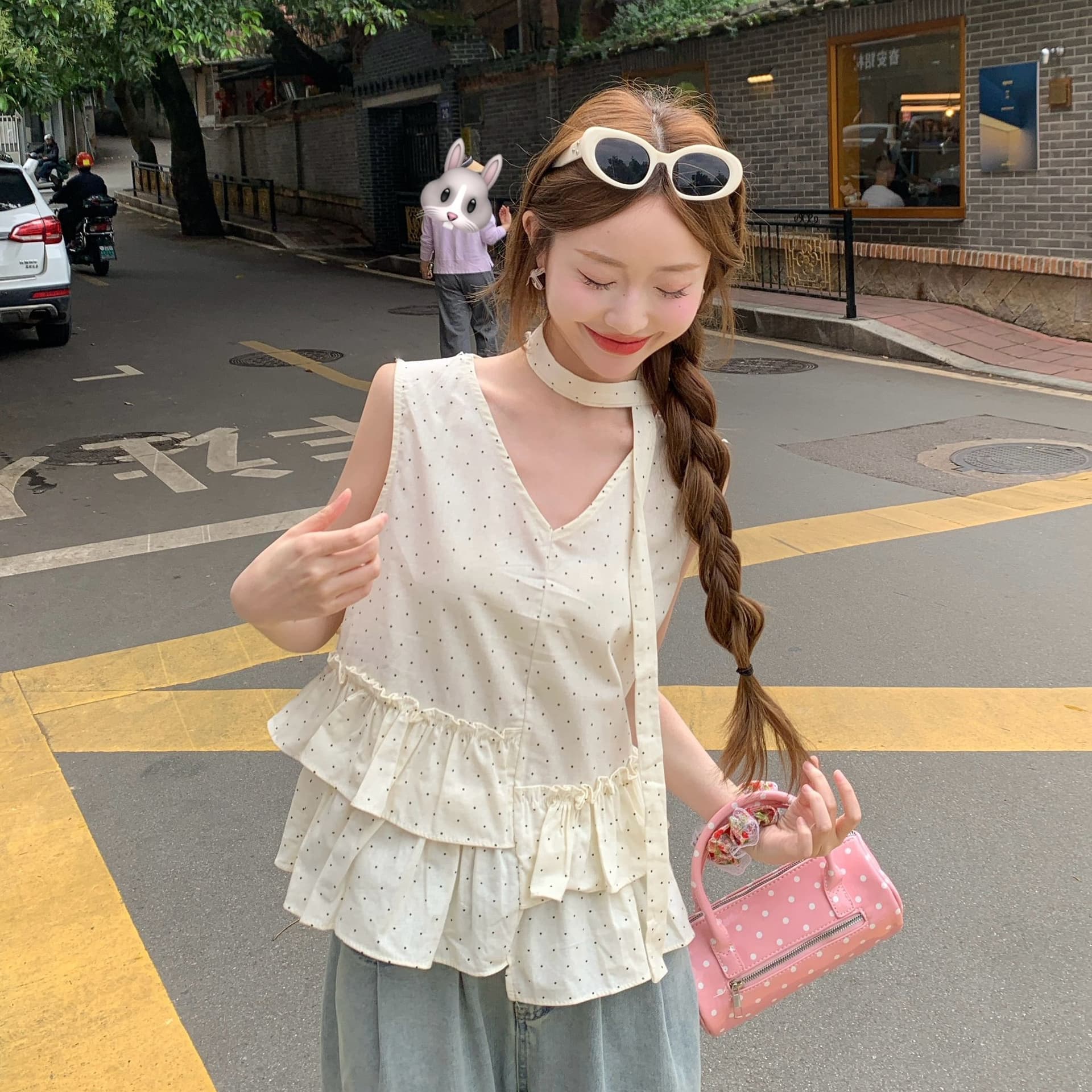 실사 여름 도트 무늬 민소매 조끼 셔츠 불규칙 프릴 작은 키 루즈핏 맨위 리본 행침 목 이미지 5