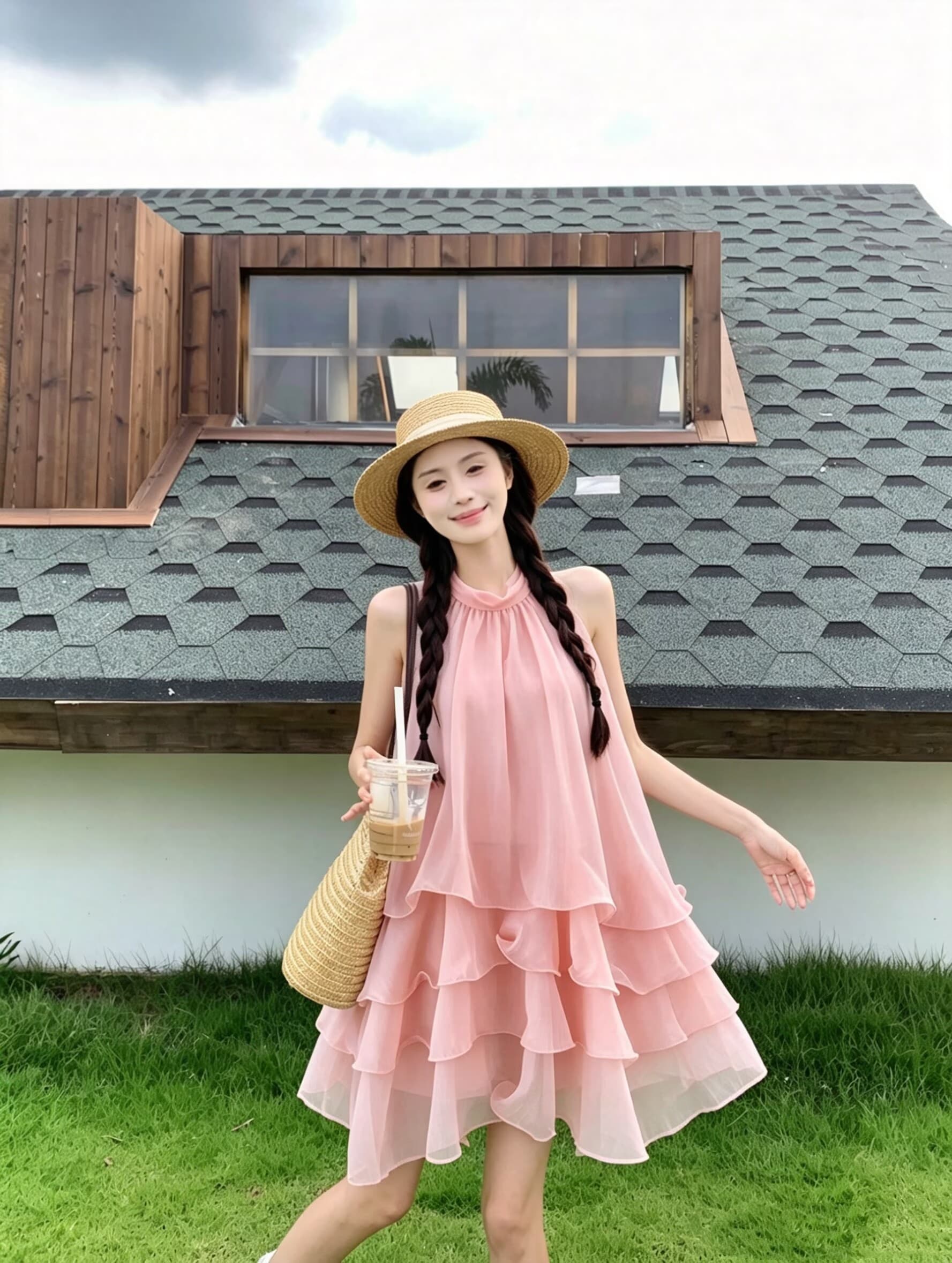 실사 릴리 오브 더 밸리 여름 머리말 분위기 센스 계단식 레이스 핑크색 행침 목 드레스 경기 반바지 루즈핏 세트 이미지 3