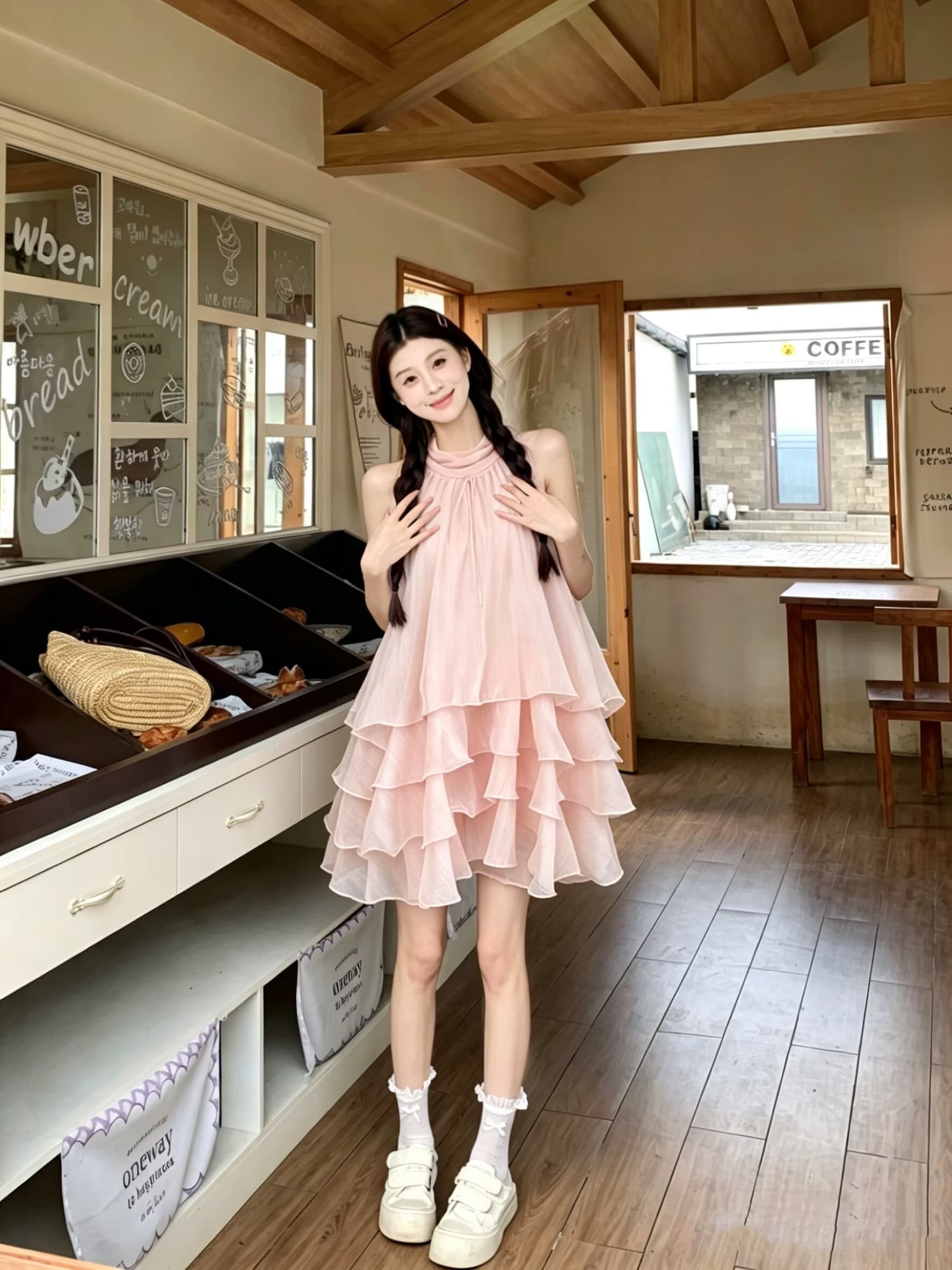 실사 릴리 오브 더 밸리 여름 머리말 분위기 센스 계단식 레이스 핑크색 행침 목 드레스 경기 반바지 루즈핏 세트 이미지 2