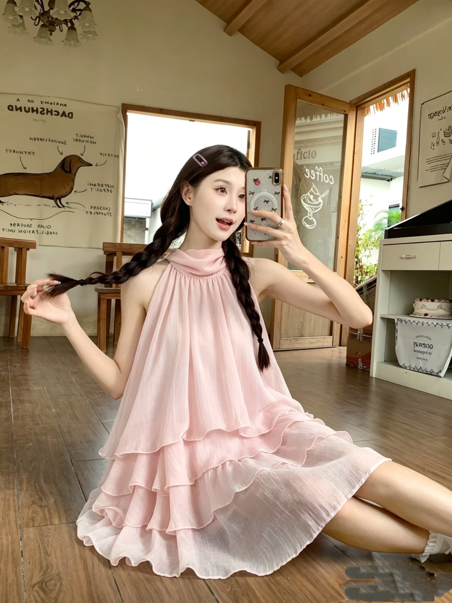 실사 릴리 오브 더 밸리 여름 머리말 분위기 센스 계단식 레이스 핑크색 행침 목 드레스 경기 반바지 루즈핏 세트 상세 이미지 6