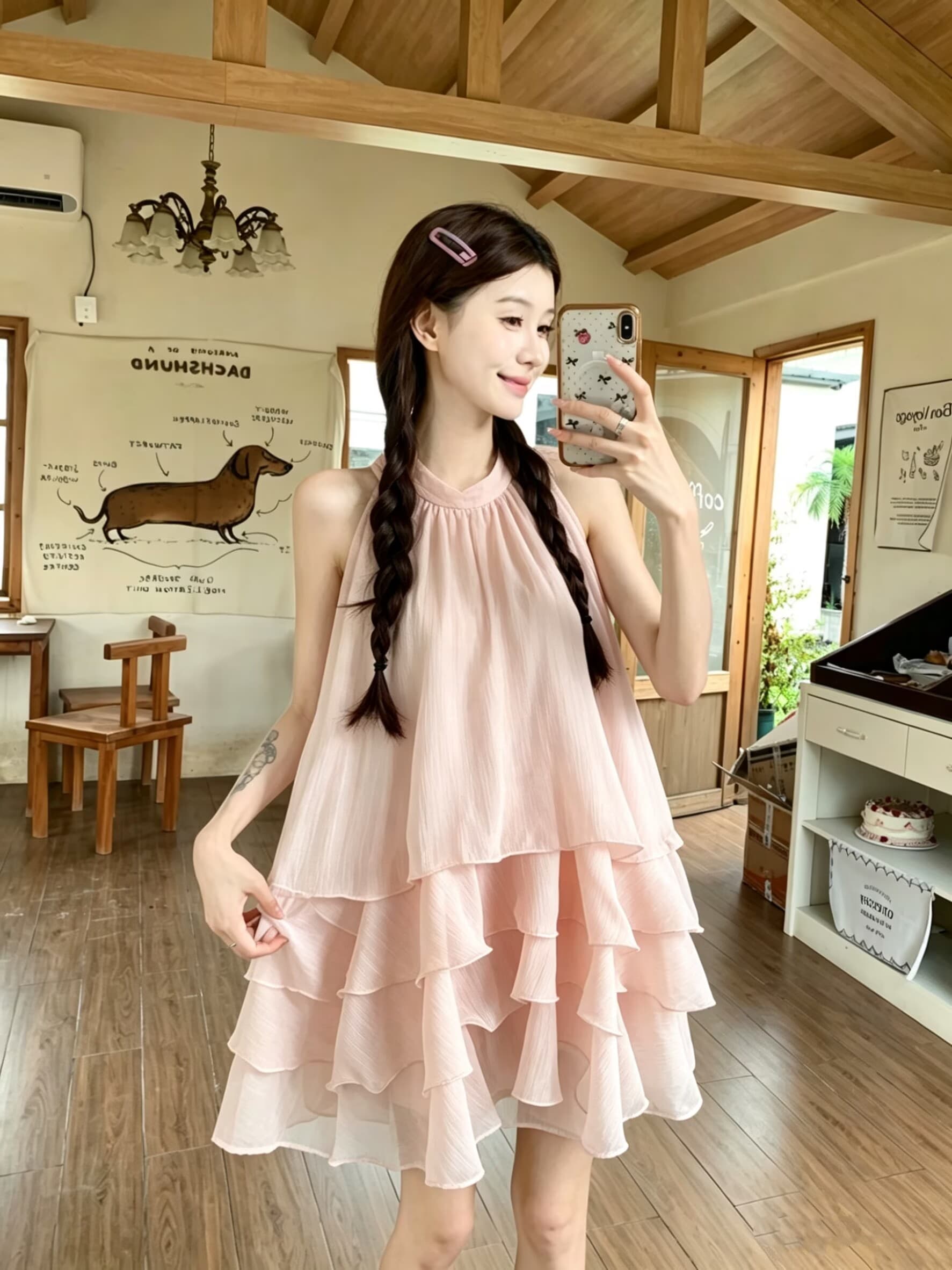 실사 릴리 오브 더 밸리 여름 머리말 분위기 센스 계단식 레이스 핑크색 행침 목 드레스 경기 반바지 루즈핏 세트 상세 이미지 7