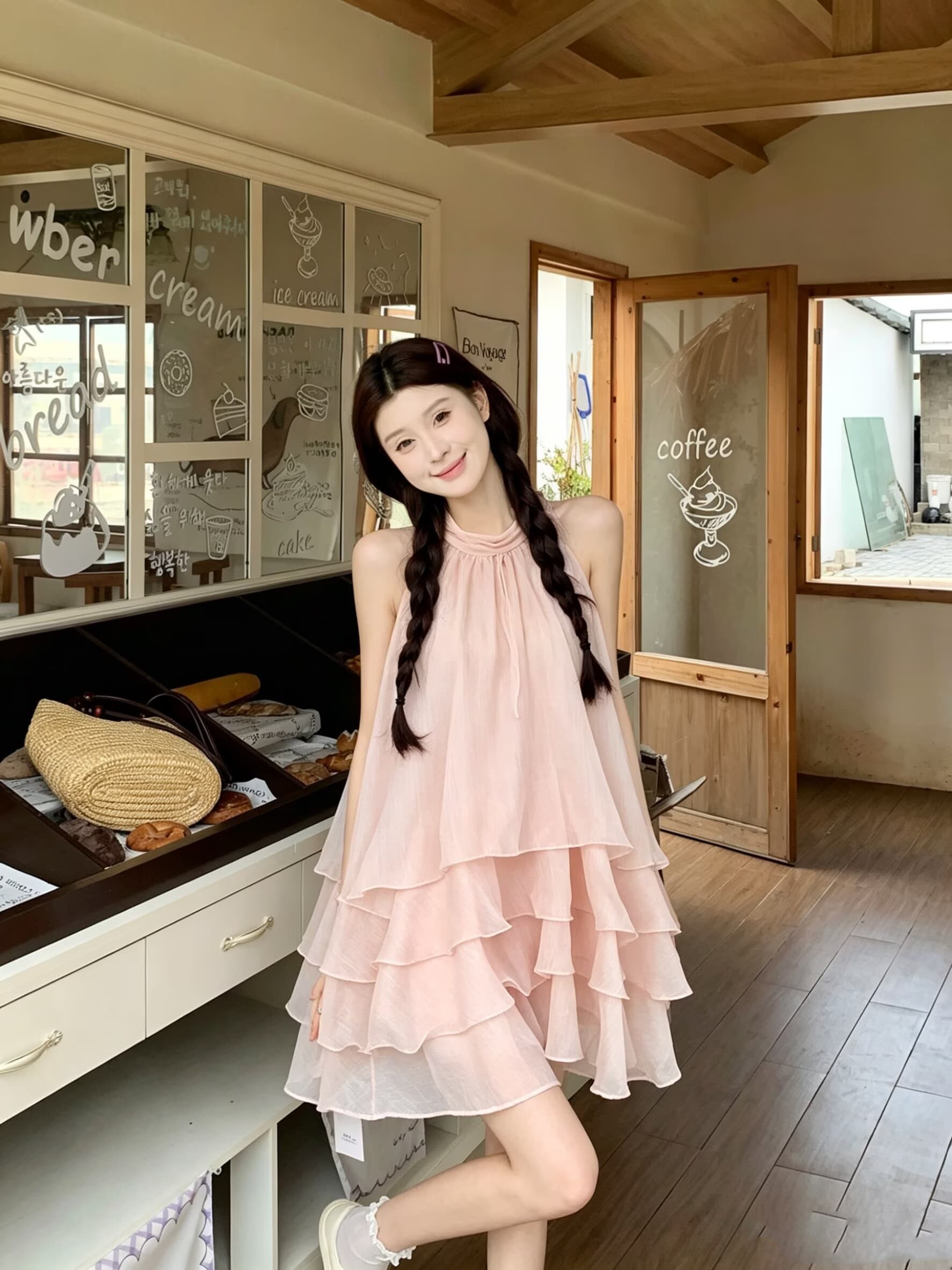 실사 릴리 오브 더 밸리 여름 머리말 분위기 센스 계단식 레이스 핑크색 행침 목 드레스 경기 반바지 루즈핏 세트 상세 이미지 8