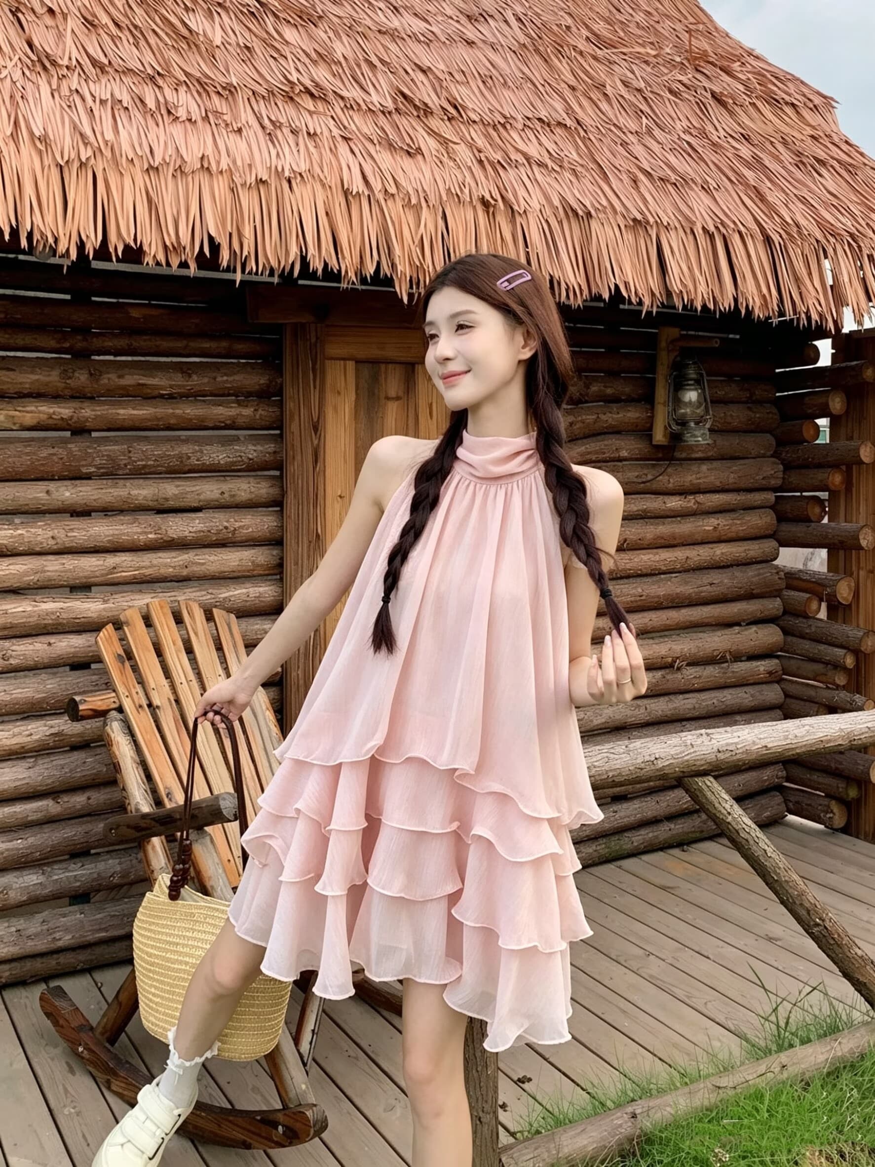 실사 릴리 오브 더 밸리 여름 머리말 분위기 센스 계단식 레이스 핑크색 행침 목 드레스 경기 반바지 루즈핏 세트 상세 이미지 13