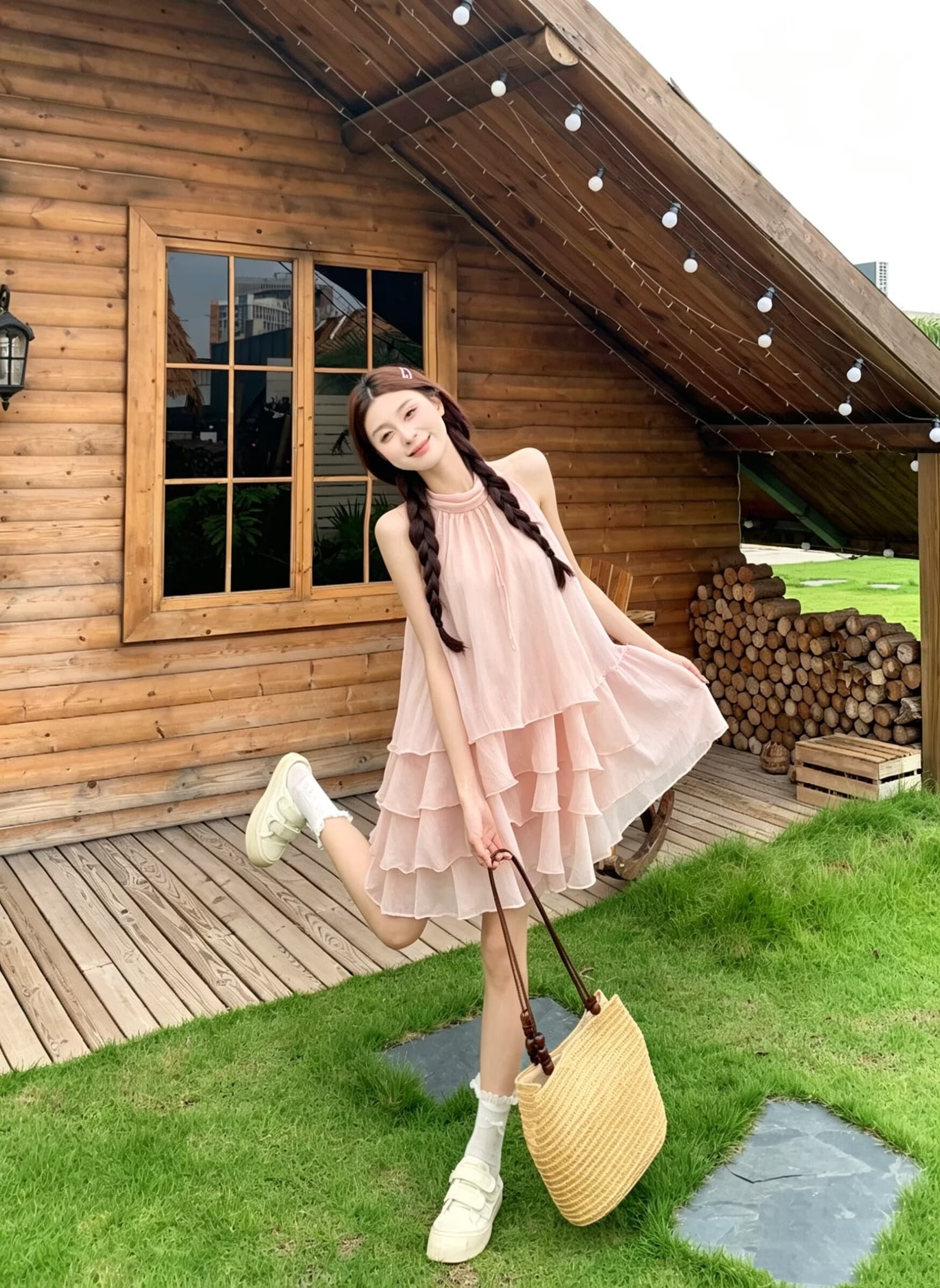 실사 릴리 오브 더 밸리 여름 머리말 분위기 센스 계단식 레이스 핑크색 행침 목 드레스 경기 반바지 루즈핏 세트 상세 이미지 15