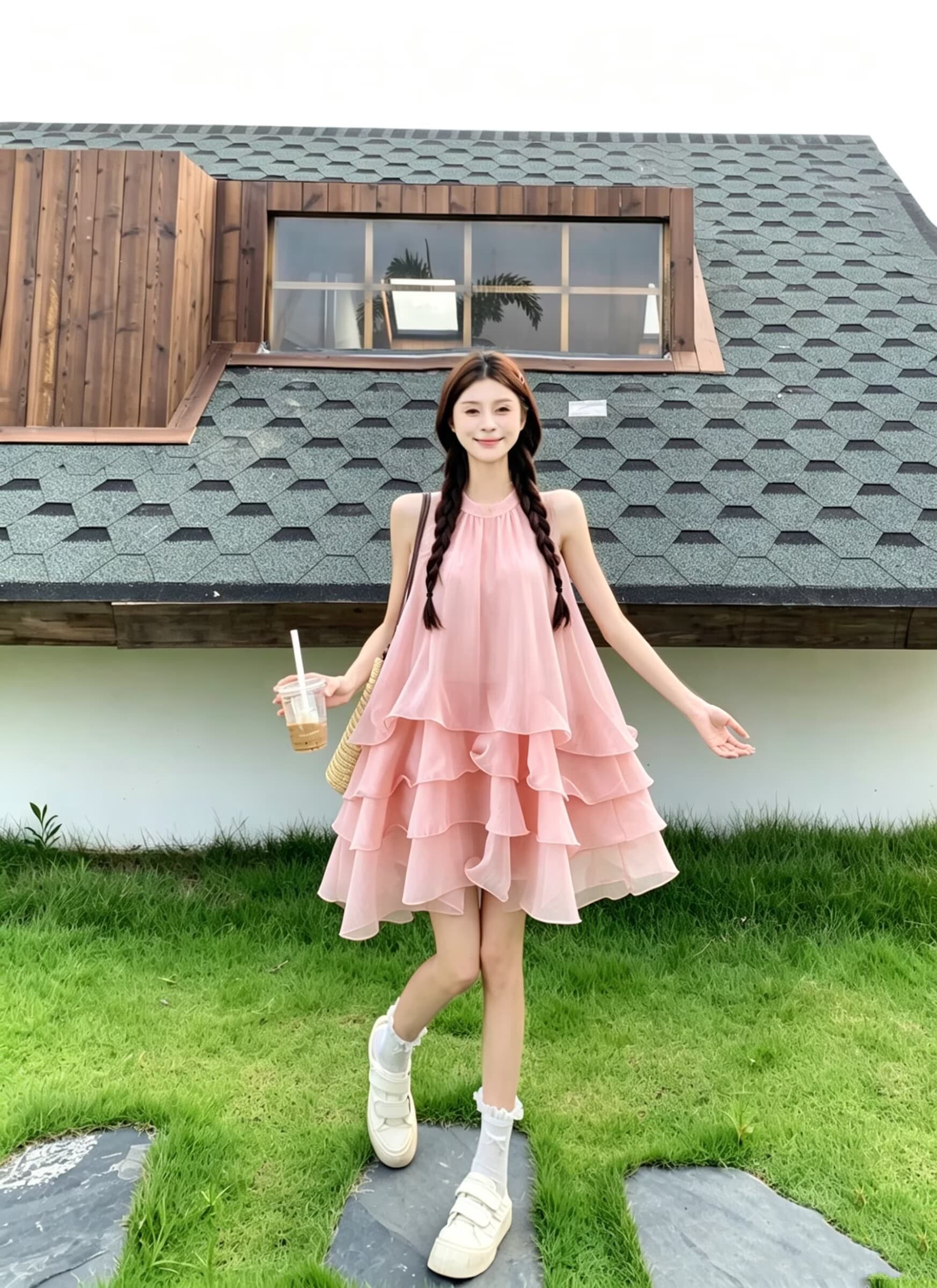 실사 릴리 오브 더 밸리 여름 머리말 분위기 센스 계단식 레이스 핑크색 행침 목 드레스 경기 반바지 루즈핏 세트 상세 이미지 19