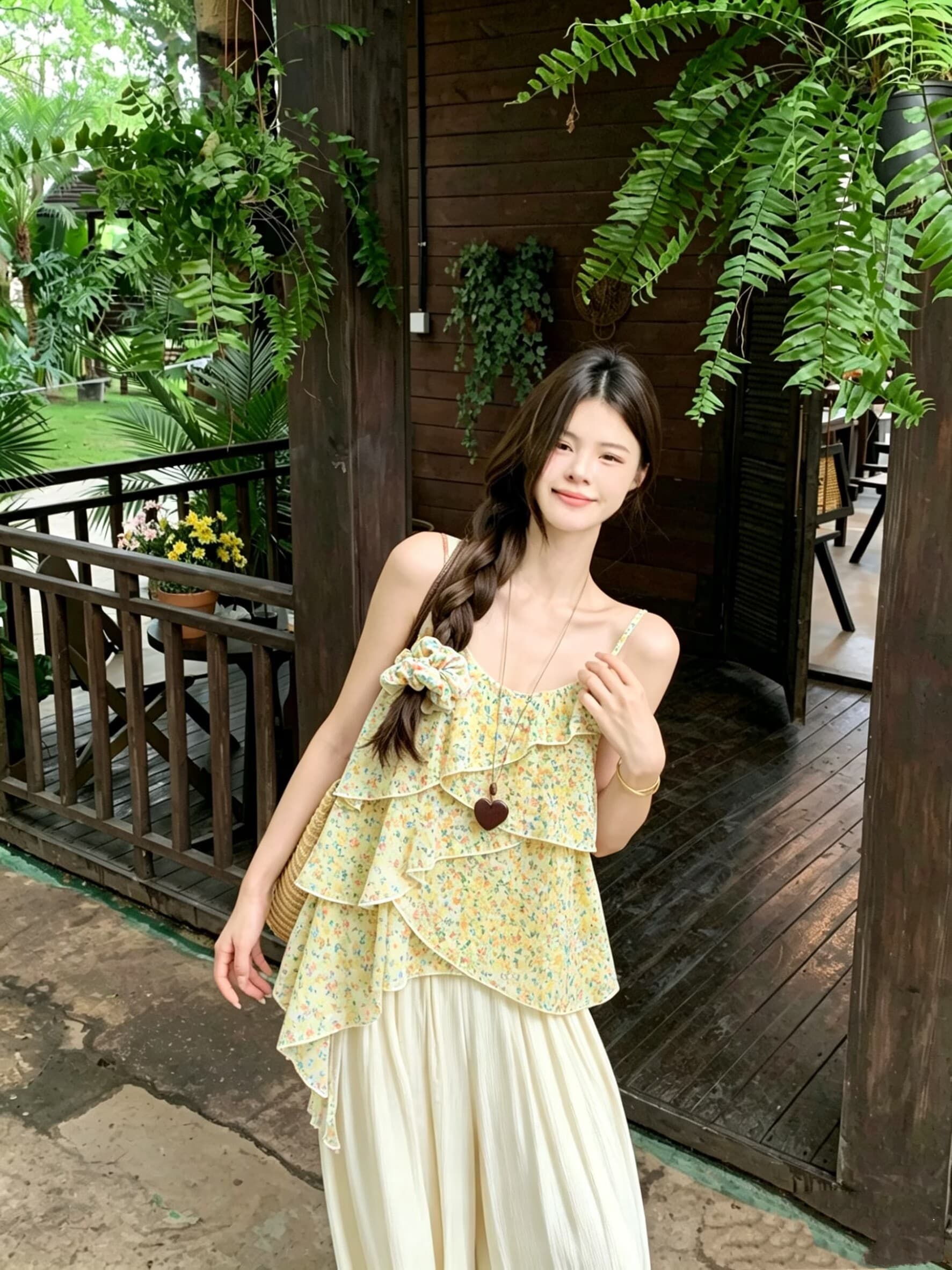 실사 휴가 바람 꽃무늬 홀치기 염색 캐미솔 여름 불규칙 프릴 수준 외출용 다용도 맨위 상세 이미지 14