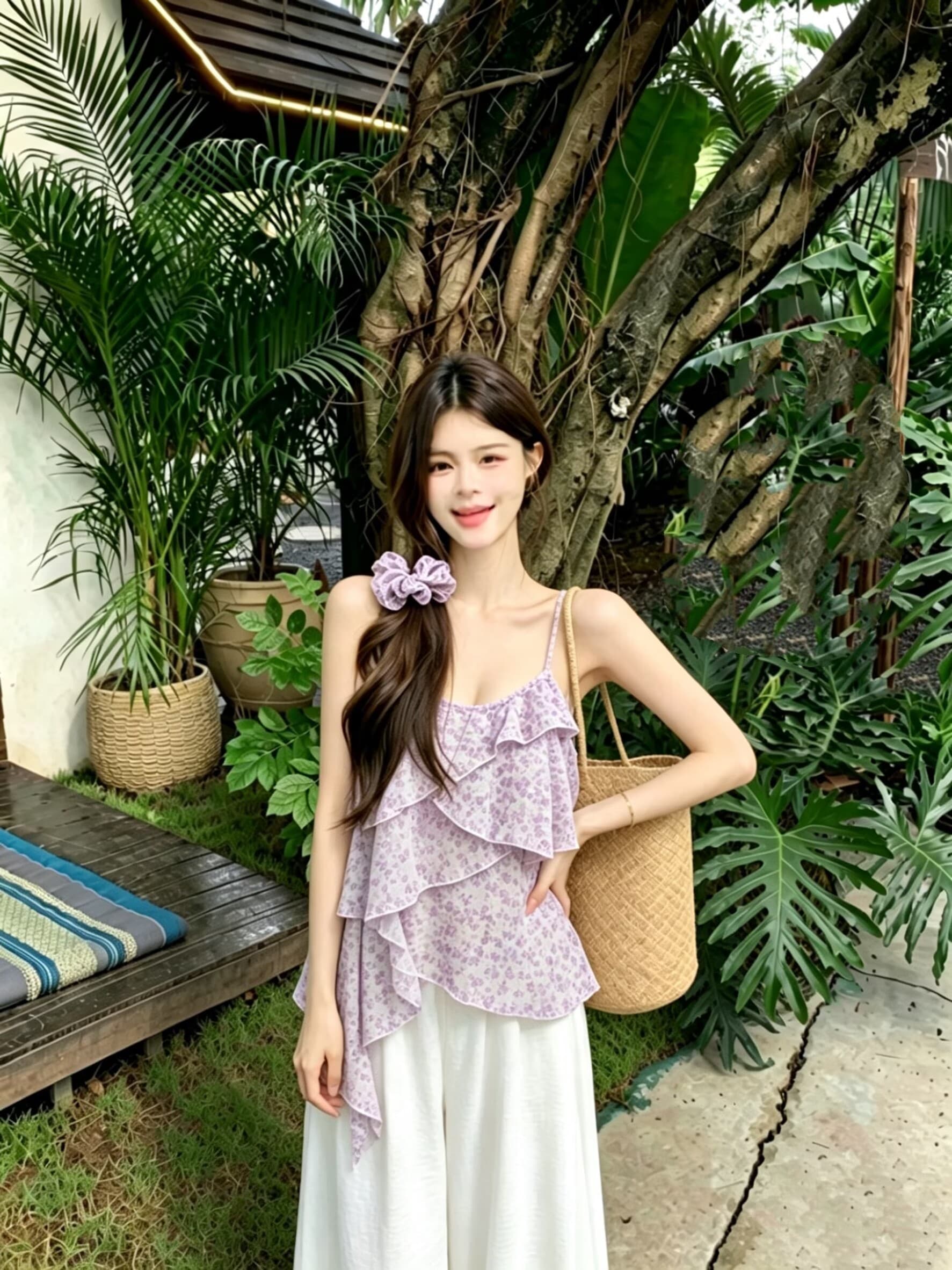 실사 휴가 바람 꽃무늬 홀치기 염색 캐미솔 여름 불규칙 프릴 수준 외출용 다용도 맨위 상세 이미지 18