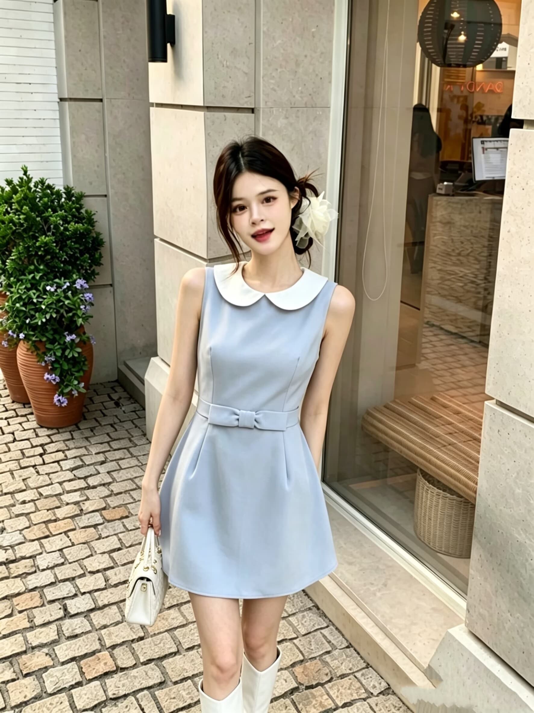 실사 윈저 미스 tr 사선 무늬 웨스트 로드 중 베이비 칼라 여성 드레스 허리 수축 슬림해 보이는 민소매 조끼 스커트 상세 이미지 9