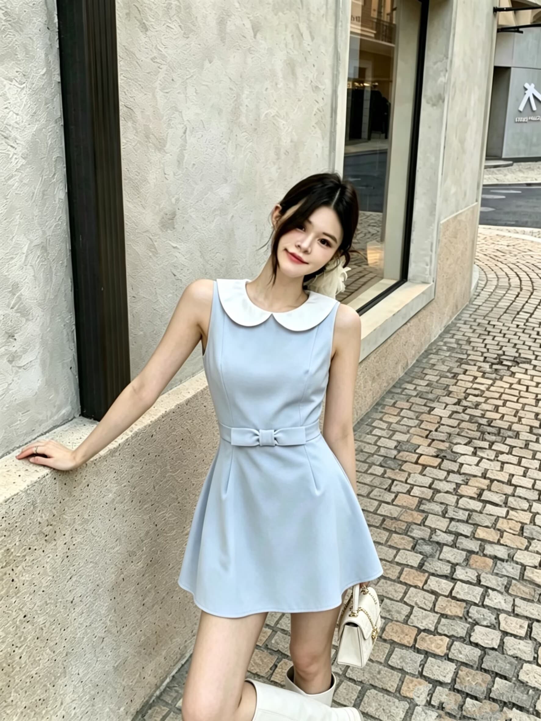 실사 윈저 미스 tr 사선 무늬 웨스트 로드 중 베이비 칼라 여성 드레스 허리 수축 슬림해 보이는 민소매 조끼 스커트 상세 이미지 12