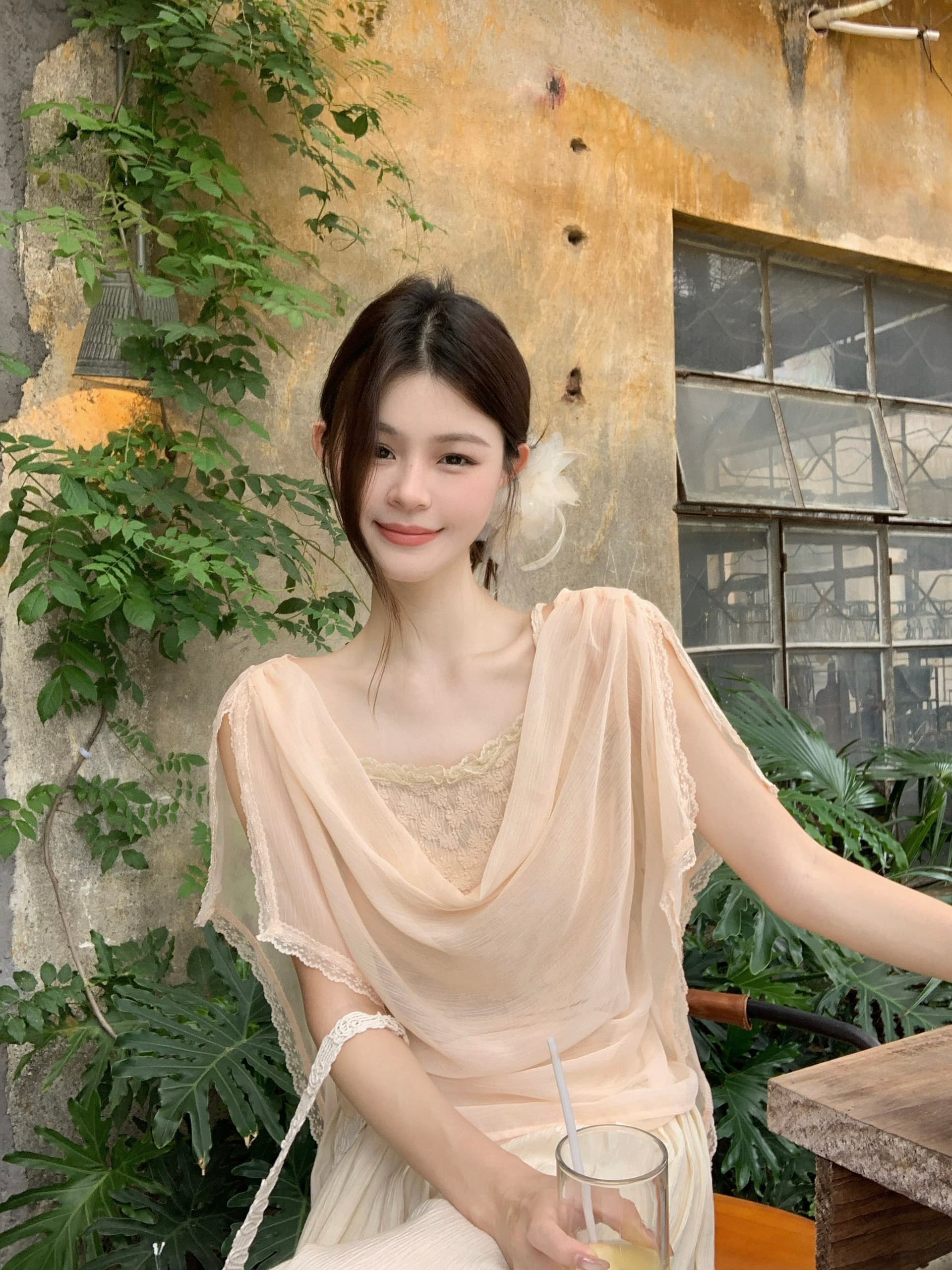 실사 프랑스식 품격 흔들다 칼라 마이크로 ~을 통해 자외선 차단 블라우스 여성 여름 인사이드 가져 가라. 레이스 레이스 캐미솔 투피스 세트 상세 이미지 2