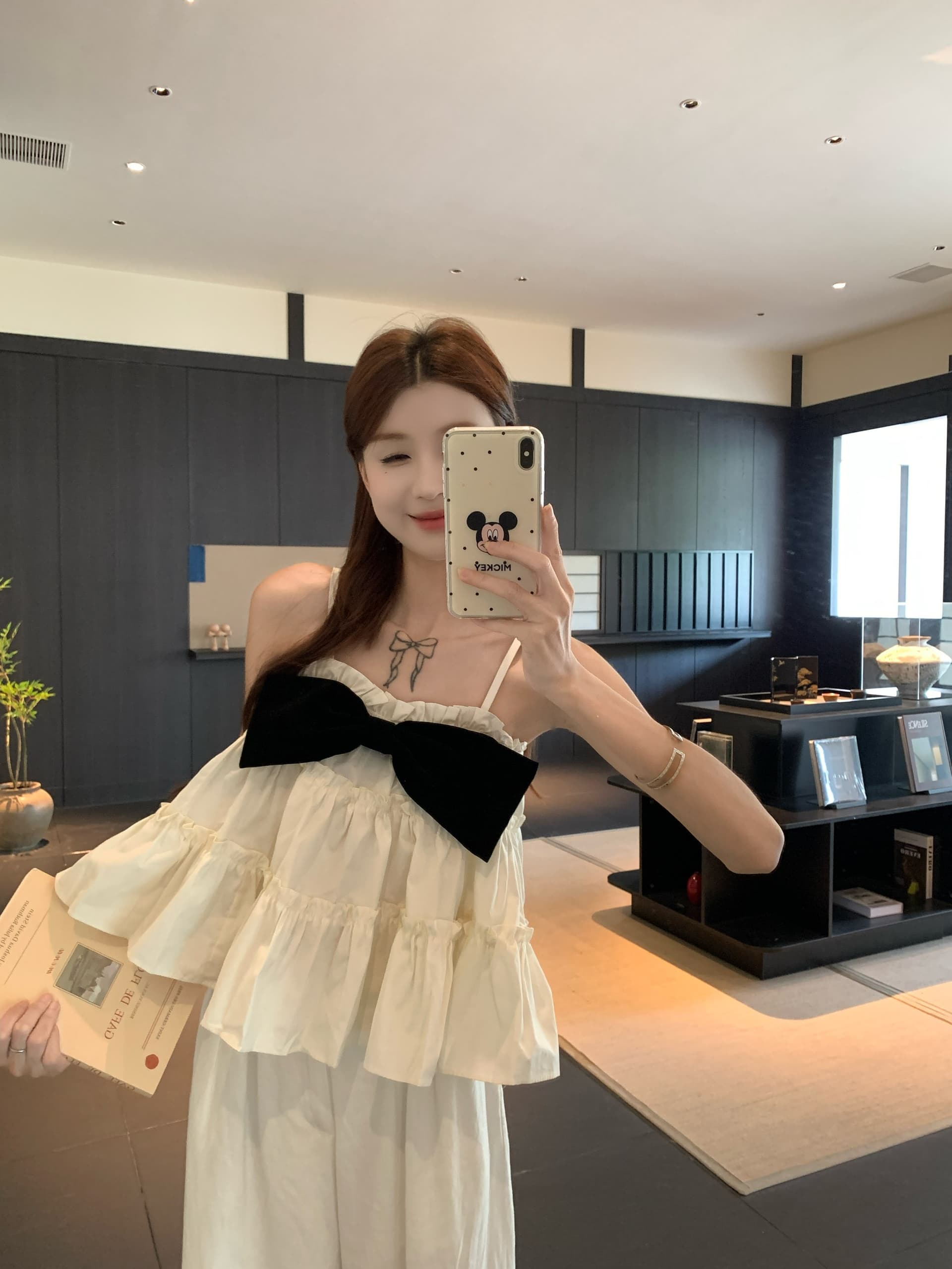실사 디자인 센스 나비 매듭 캐미솔 여름 층 프릴 작은 대중 휴가 바람 민소매 짧은 맨위 상세 이미지 3