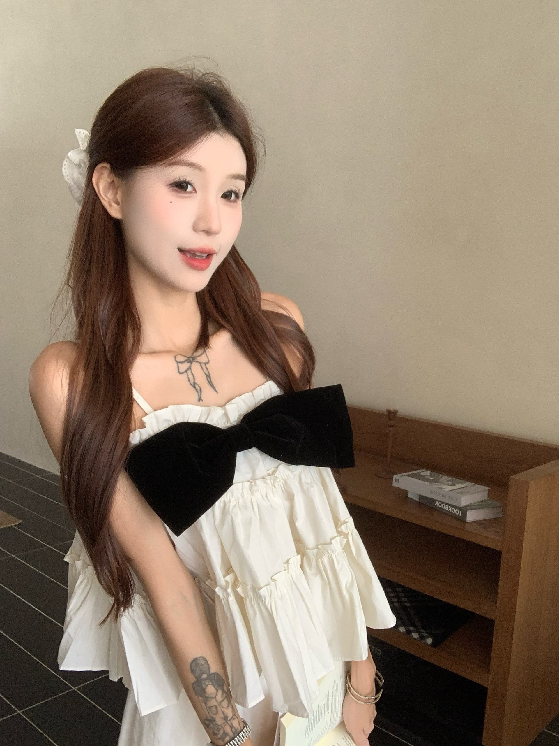 실사 디자인 센스 나비 매듭 캐미솔 여름 층 프릴 작은 대중 휴가 바람 민소매 짧은 맨위 상세 이미지 4