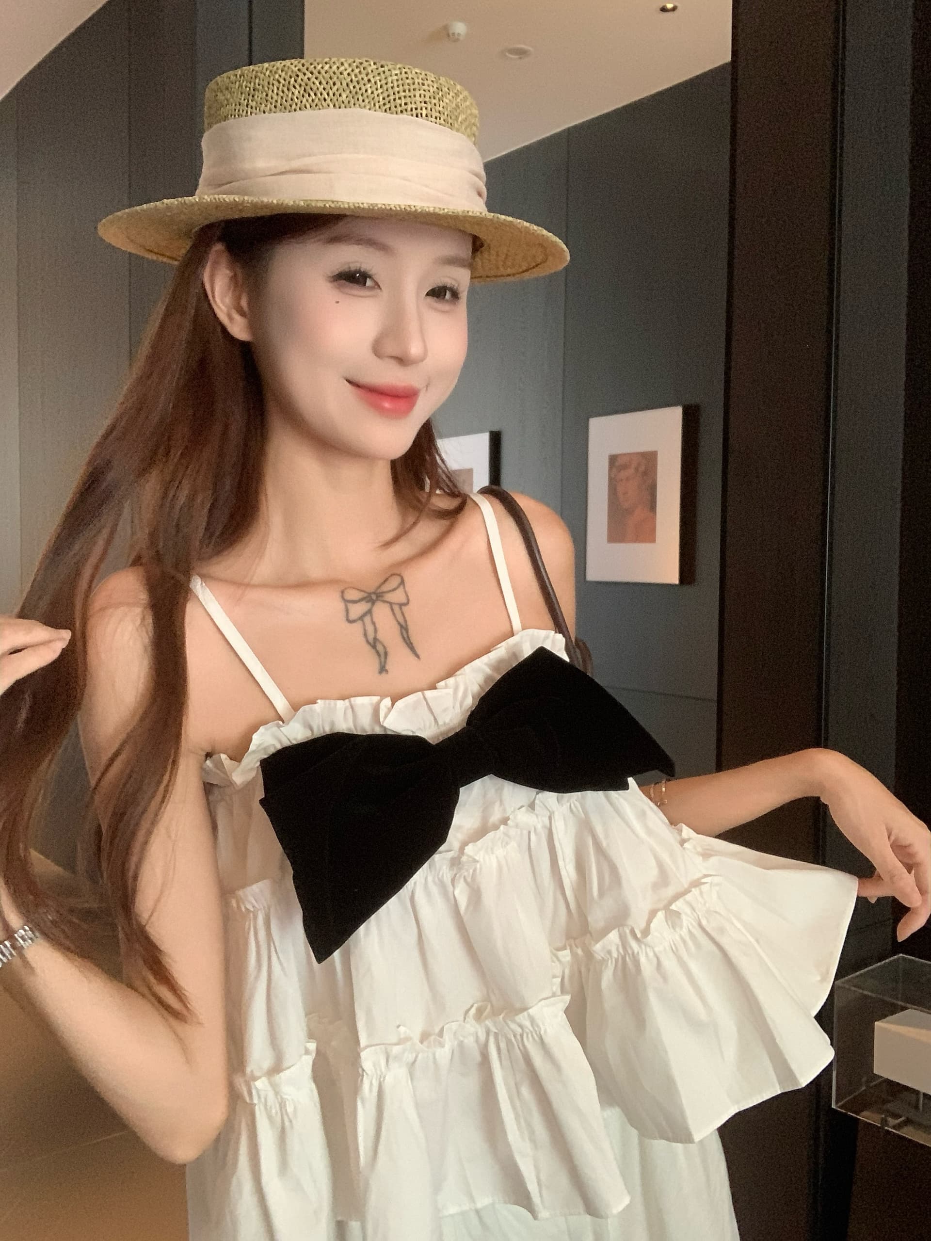 실사 디자인 센스 나비 매듭 캐미솔 여름 층 프릴 작은 대중 휴가 바람 민소매 짧은 맨위 상세 이미지 17