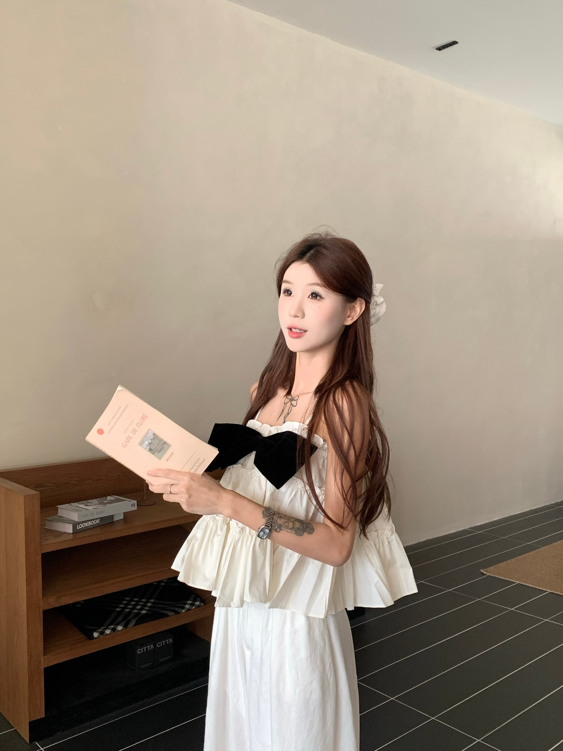 실사 디자인 센스 나비 매듭 캐미솔 여름 층 프릴 작은 대중 휴가 바람 민소매 짧은 맨위 상세 이미지 5