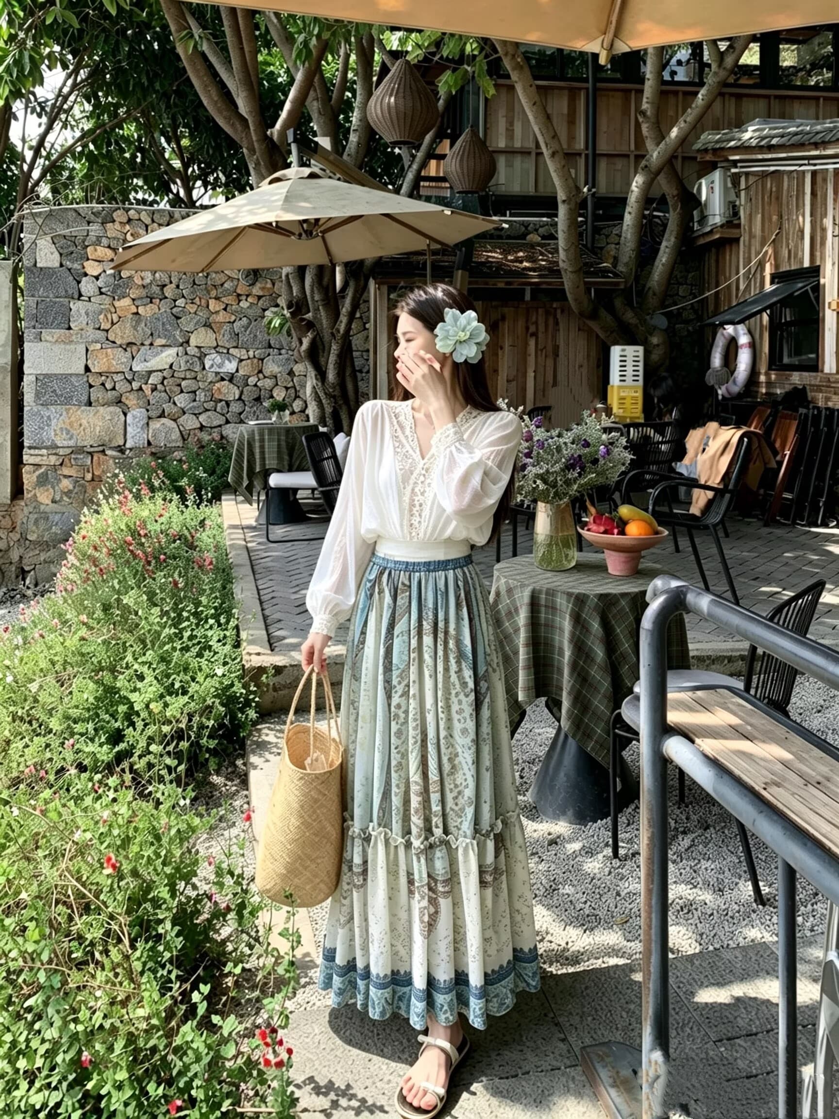 실사 운남 달리 리장 여행 휴가 바람 착용 가져 가라. 가을 여름 순수한 욕망 레이스 맨위 레트로 프린트 반신 스커트 상세 이미지 2