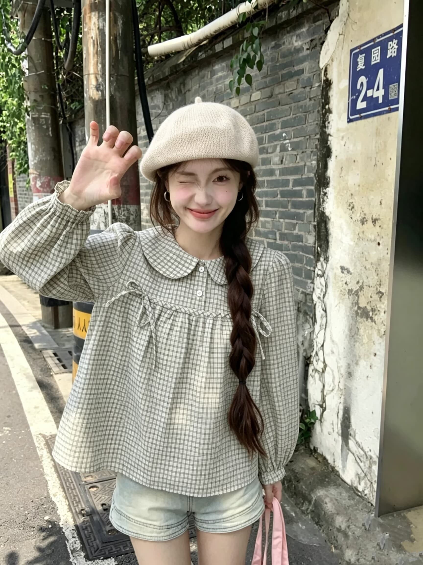 실사 2026 이른 가을 새로운 연령 감소 체크무늬 베이비 칼라 긴팔 여성 셔츠 학원 스타일 나비 매듭 다용도 맨위 상세 이미지 10