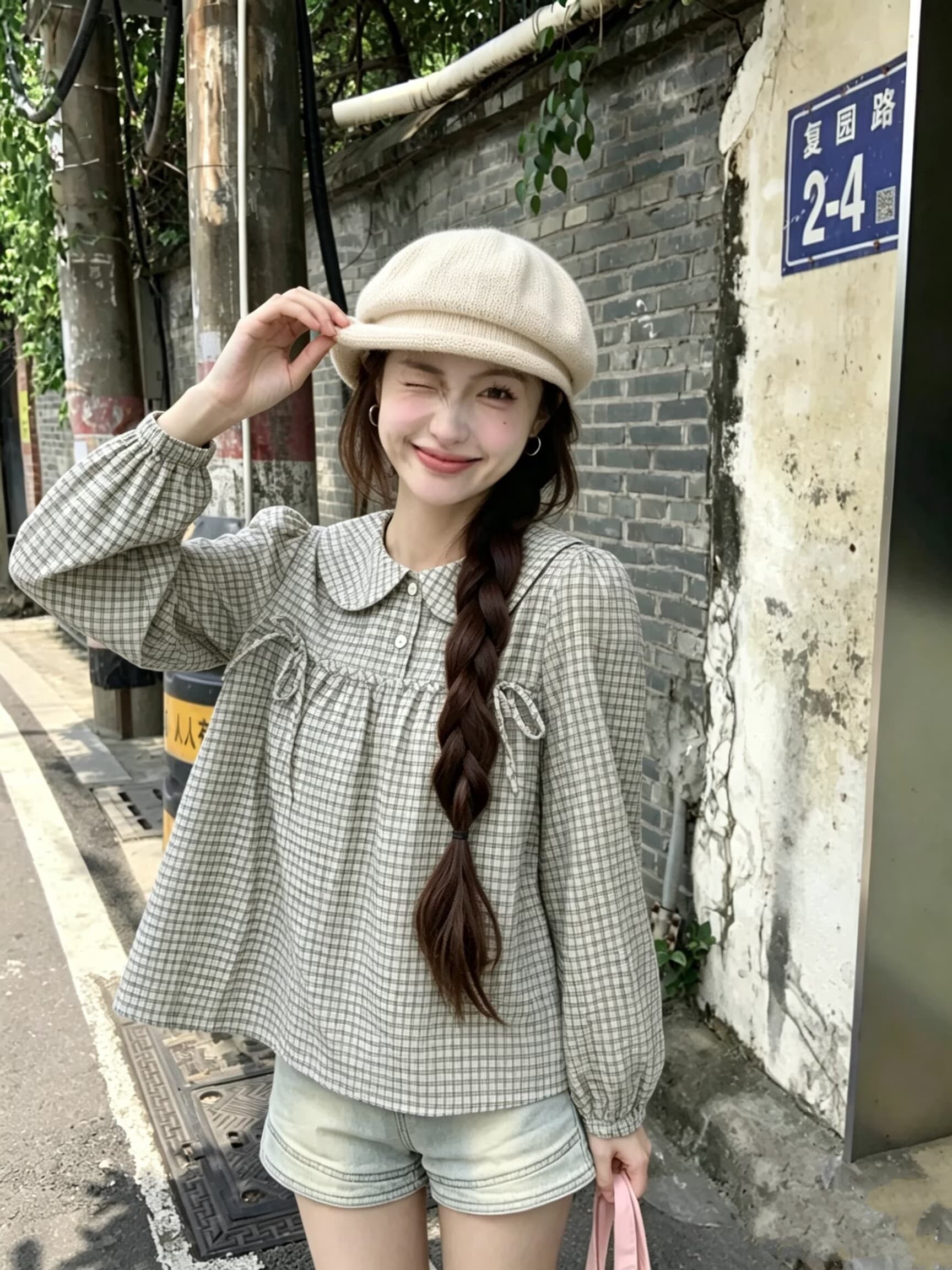 실사 2026 이른 가을 새로운 연령 감소 체크무늬 베이비 칼라 긴팔 여성 셔츠 학원 스타일 나비 매듭 다용도 맨위 상세 이미지 12