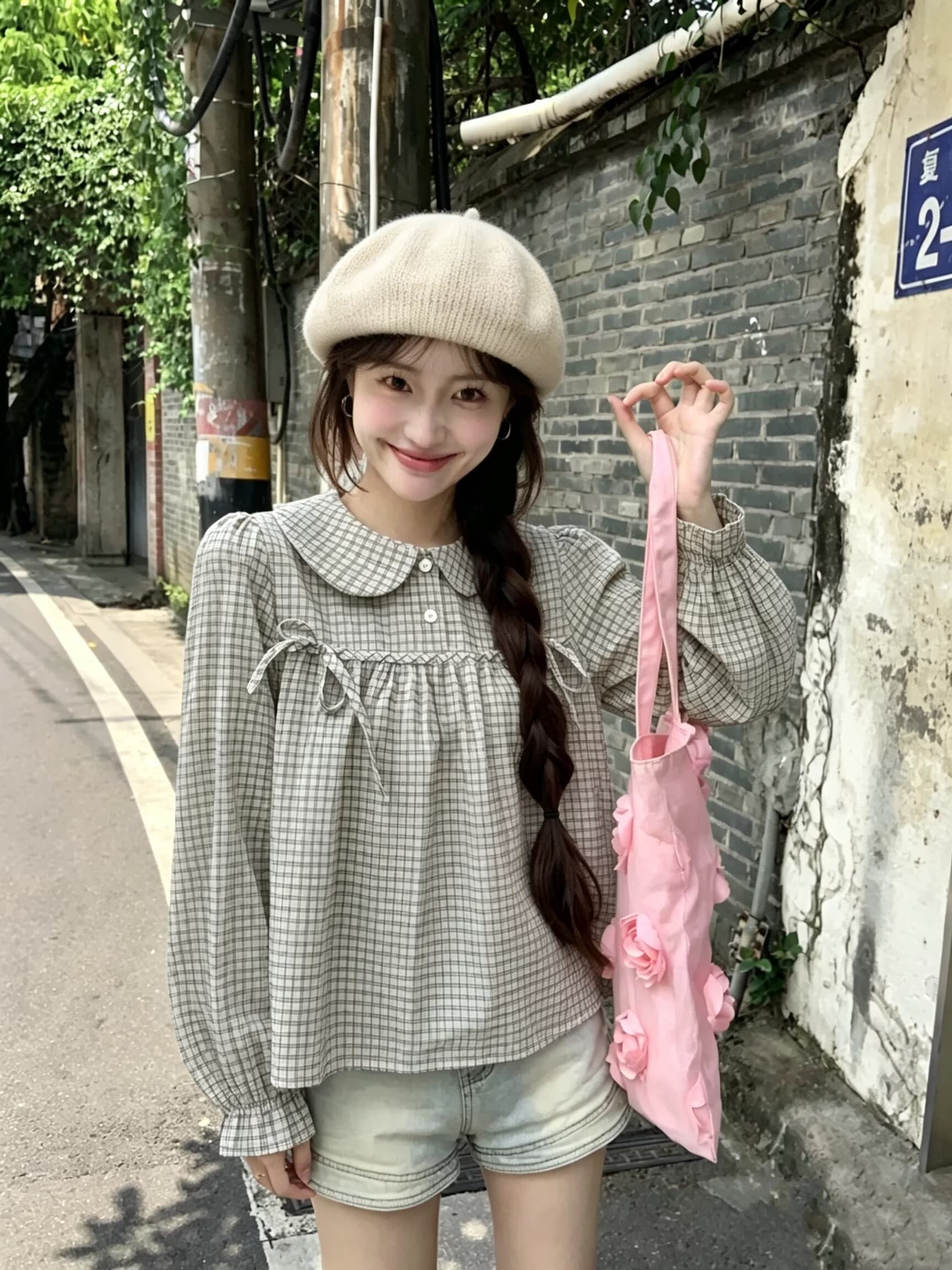 실사 2026 이른 가을 새로운 연령 감소 체크무늬 베이비 칼라 긴팔 여성 셔츠 학원 스타일 나비 매듭 다용도 맨위 상세 이미지 13