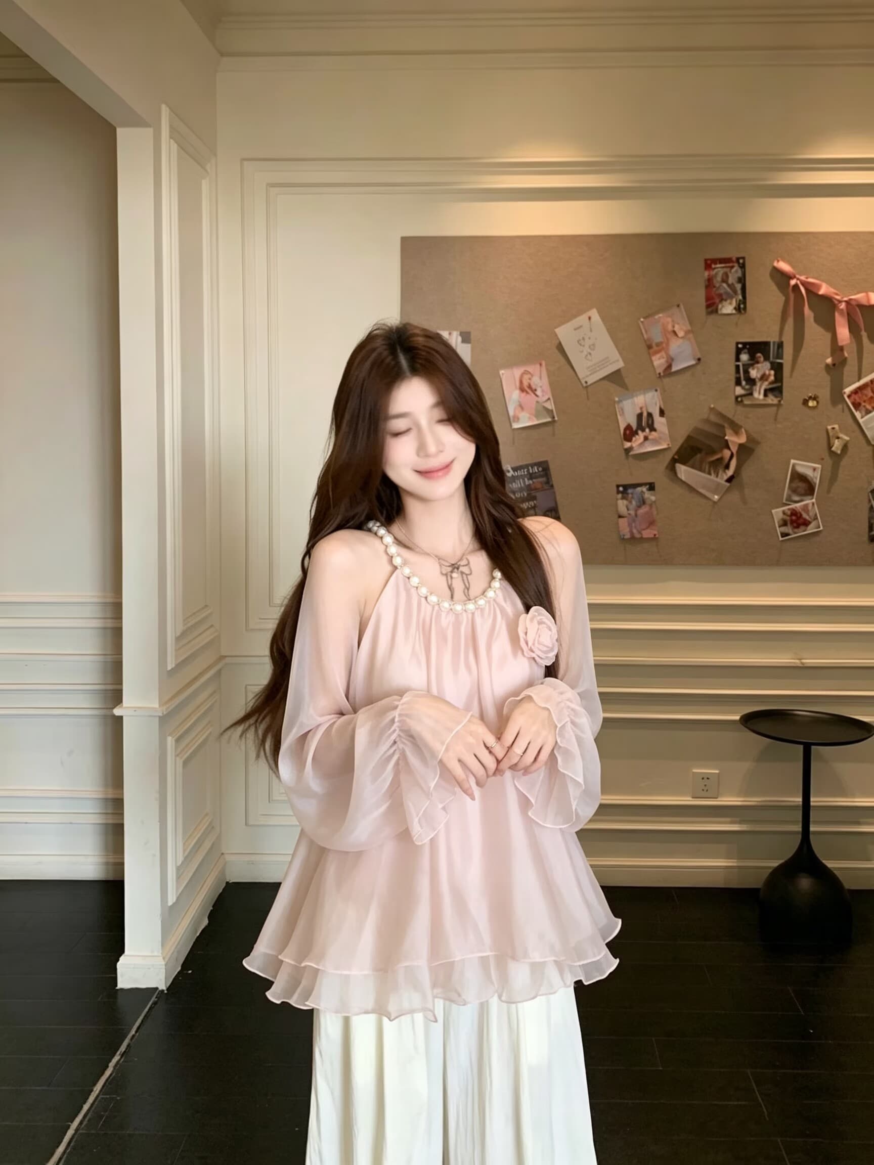 실사 부드러운 바람 순수한 욕망 섹시함 오프숄더 슬립 쉬폰 블라우스 3 차원 진주 사슬 슈퍼 요정 가스 중간 길이 맨위 상세 이미지 3