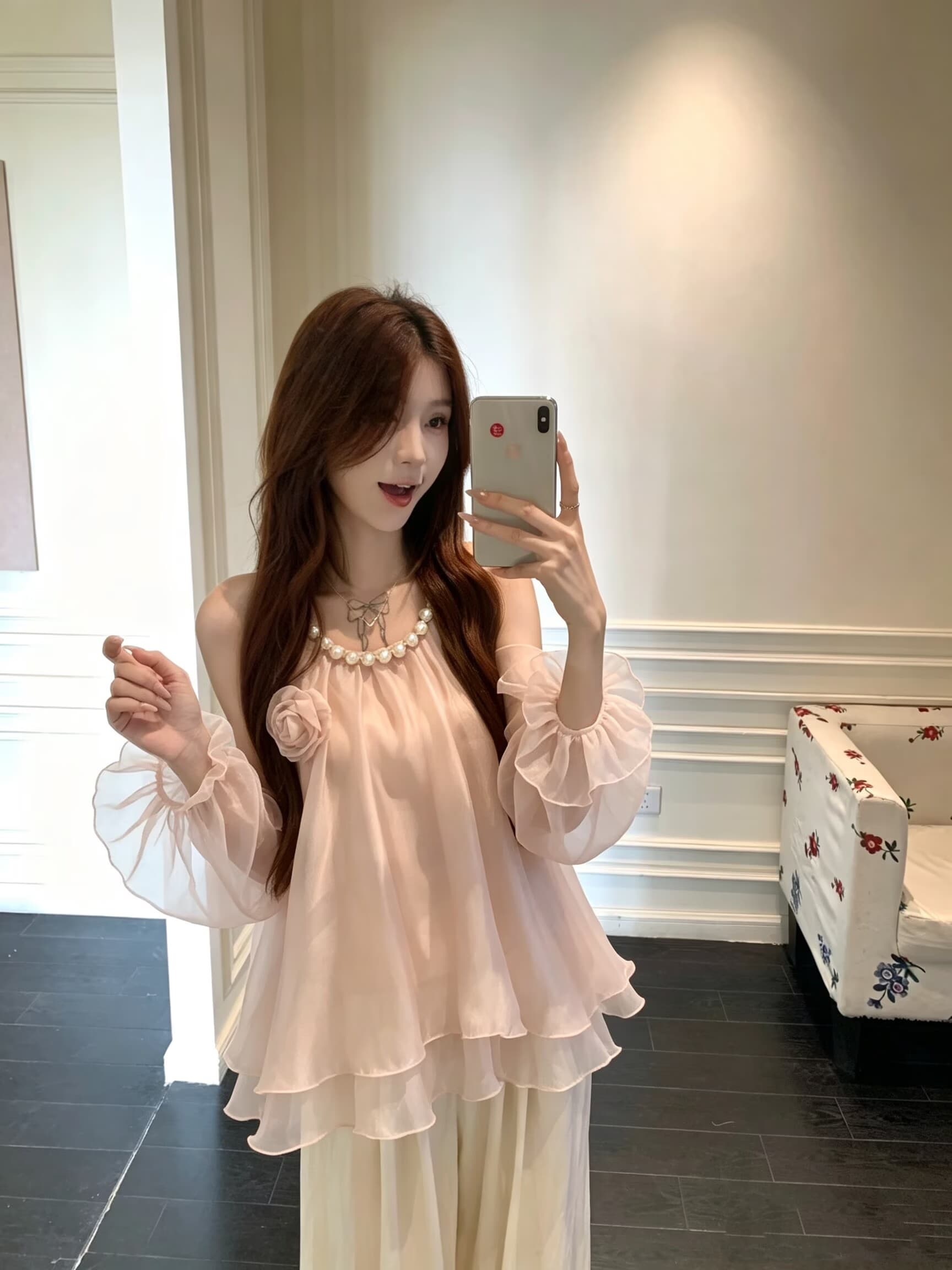 실사 부드러운 바람 순수한 욕망 섹시함 오프숄더 슬립 쉬폰 블라우스 3 차원 진주 사슬 슈퍼 요정 가스 중간 길이 맨위 상세 이미지 4