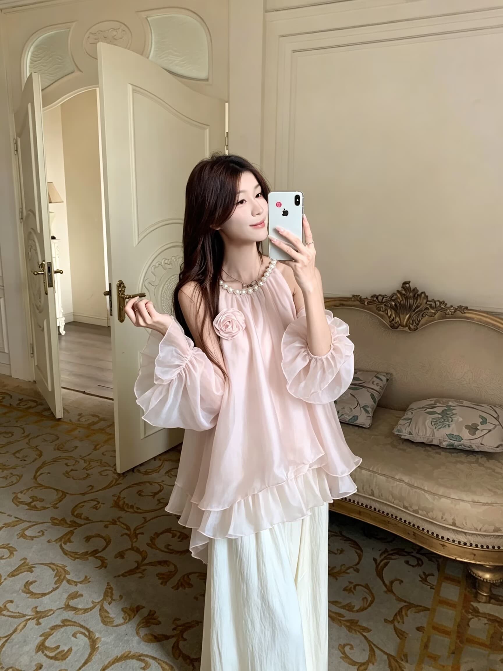 실사 부드러운 바람 순수한 욕망 섹시함 오프숄더 슬립 쉬폰 블라우스 3 차원 진주 사슬 슈퍼 요정 가스 중간 길이 맨위 상세 이미지 5