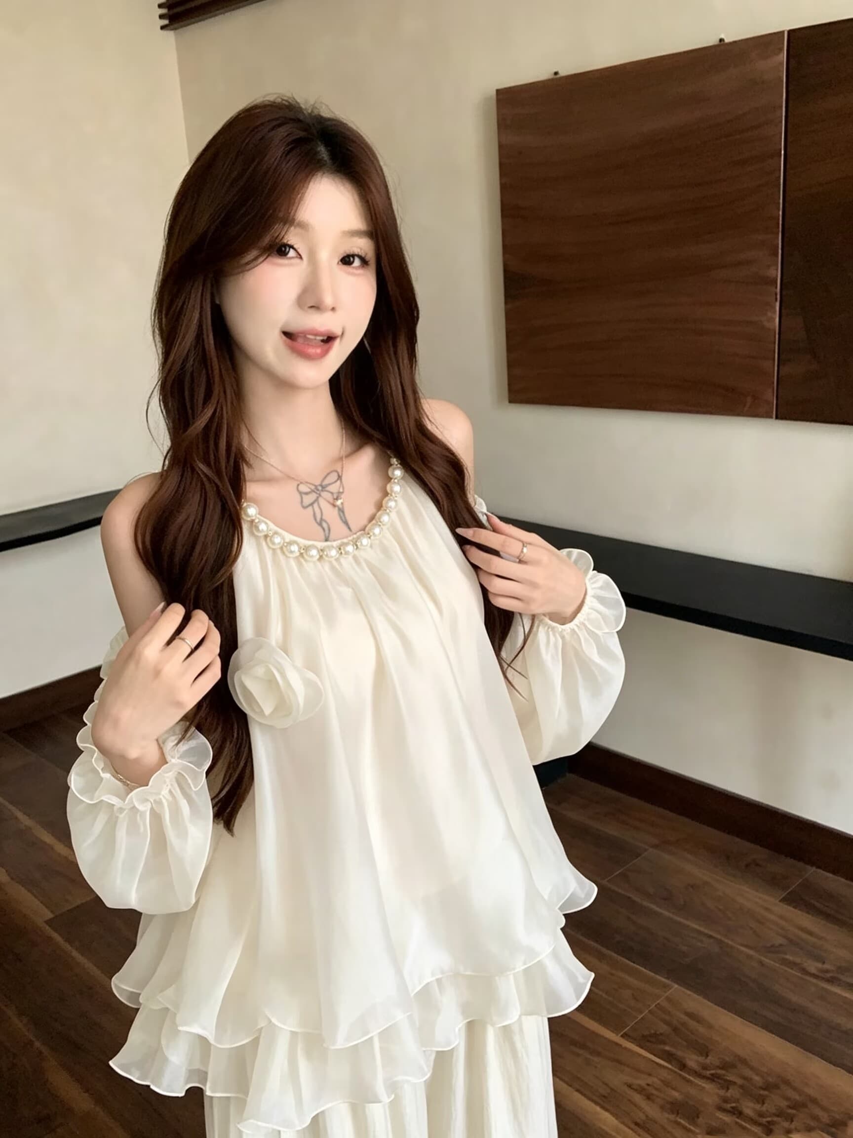 실사 부드러운 바람 순수한 욕망 섹시함 오프숄더 슬립 쉬폰 블라우스 3 차원 진주 사슬 슈퍼 요정 가스 중간 길이 맨위 상세 이미지 7