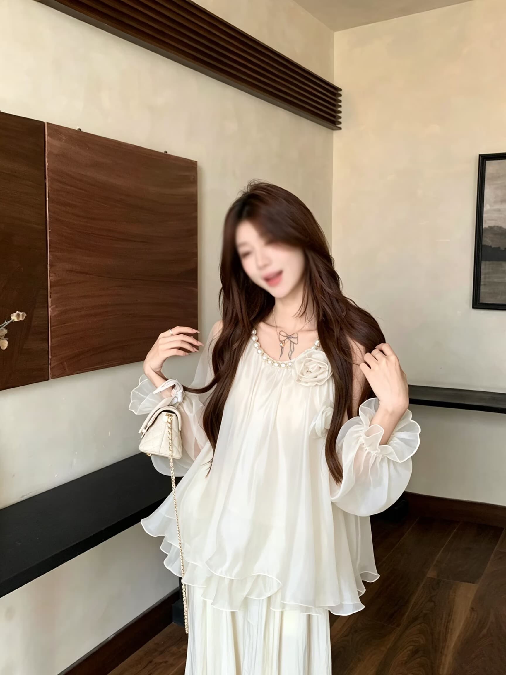 실사 부드러운 바람 순수한 욕망 섹시함 오프숄더 슬립 쉬폰 블라우스 3 차원 진주 사슬 슈퍼 요정 가스 중간 길이 맨위 상세 이미지 10