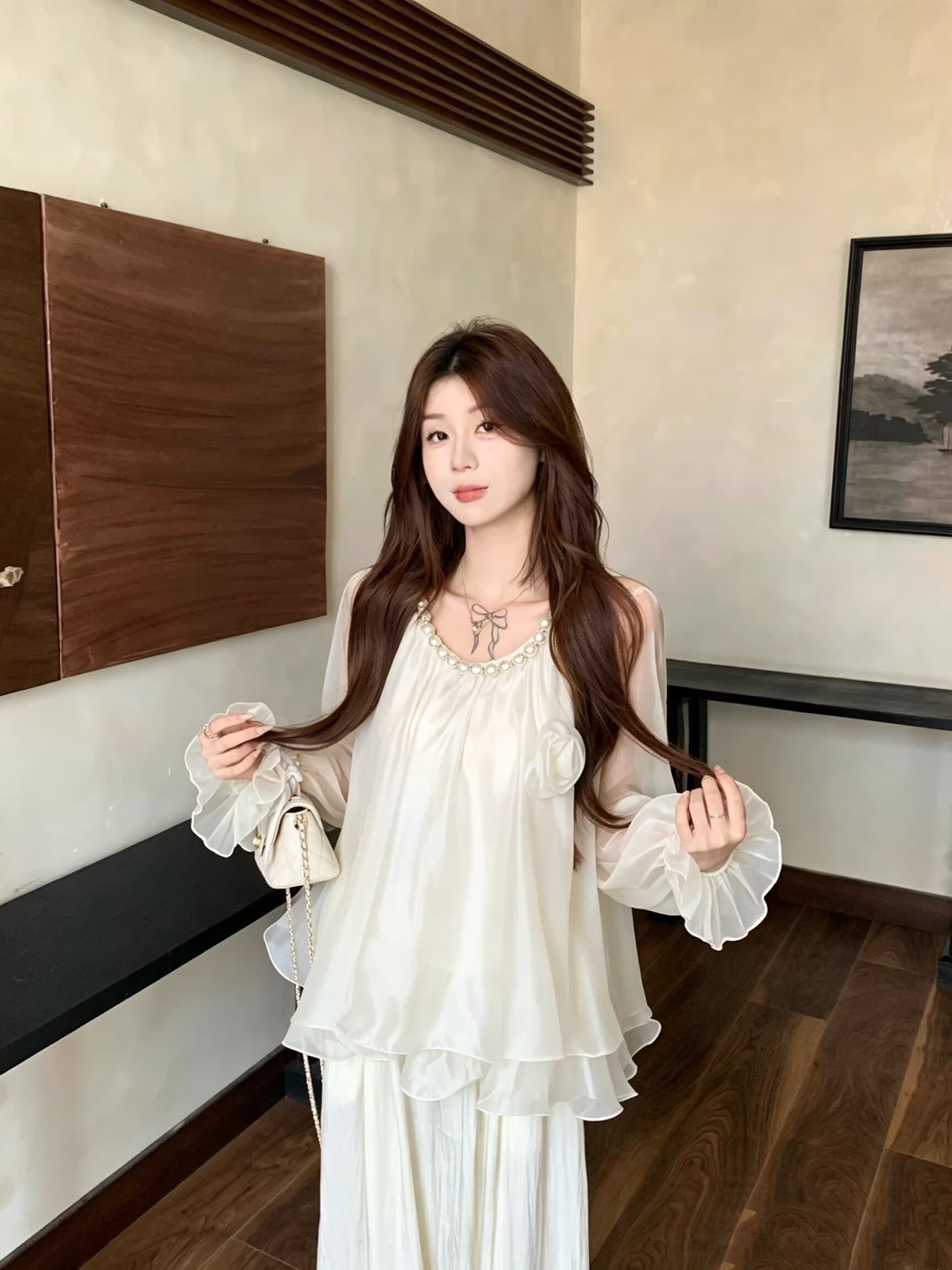 실사 부드러운 바람 순수한 욕망 섹시함 오프숄더 슬립 쉬폰 블라우스 3 차원 진주 사슬 슈퍼 요정 가스 중간 길이 맨위 상세 이미지 11