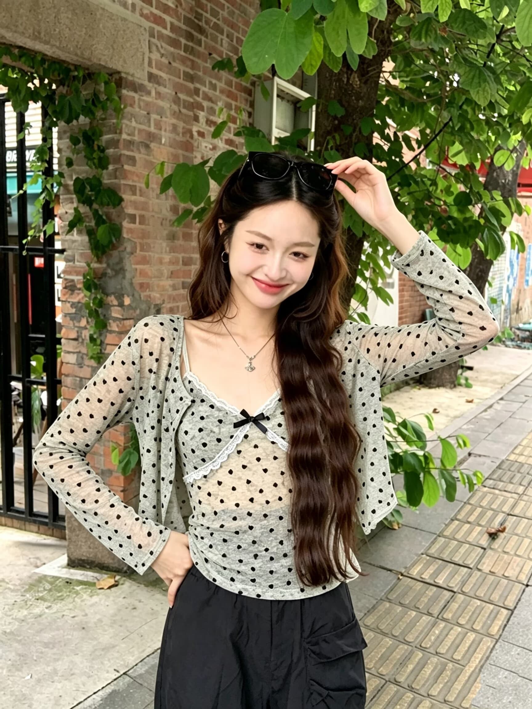 실사 눈 푸 우유 서리 순수한 욕망 바람 헤일로 염색 하트 프린트 식물 플러시 레이스 슬립 자외선 차단 오픈 가디건 상세 이미지 7