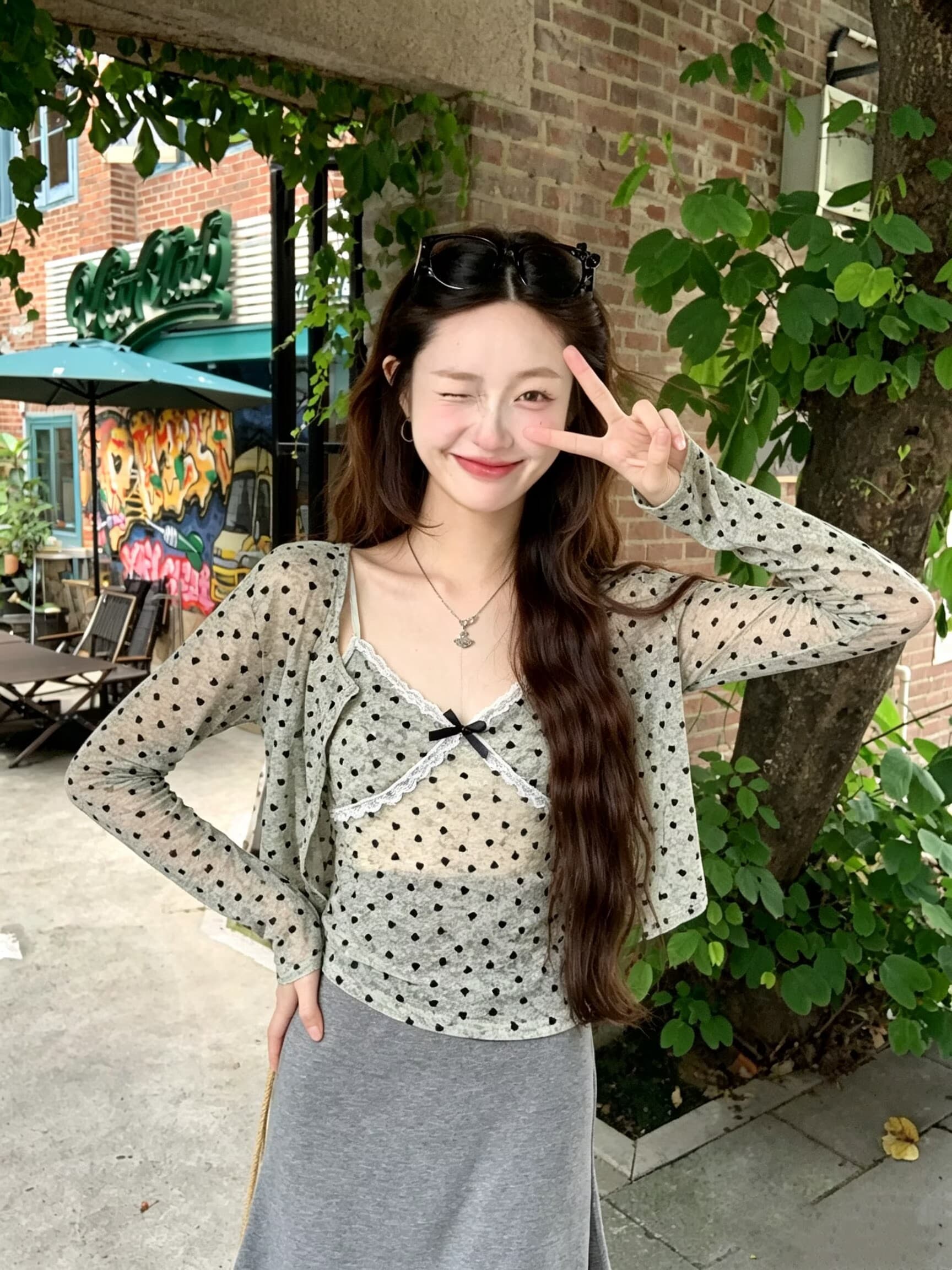 실사 눈 푸 우유 서리 순수한 욕망 바람 헤일로 염색 하트 프린트 식물 플러시 레이스 슬립 자외선 차단 오픈 가디건 상세 이미지 8