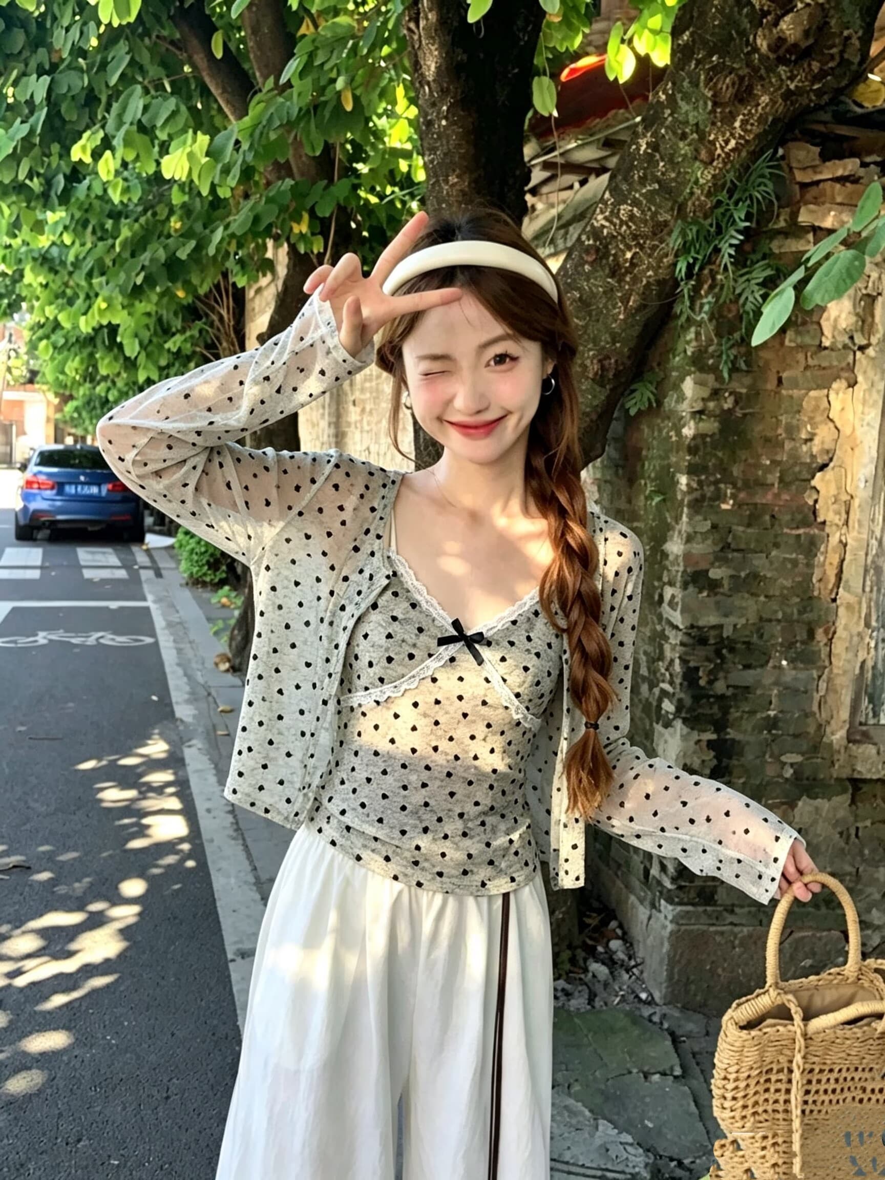 실사 눈 푸 우유 서리 순수한 욕망 바람 헤일로 염색 하트 프린트 식물 플러시 레이스 슬립 자외선 차단 오픈 가디건 상세 이미지 15