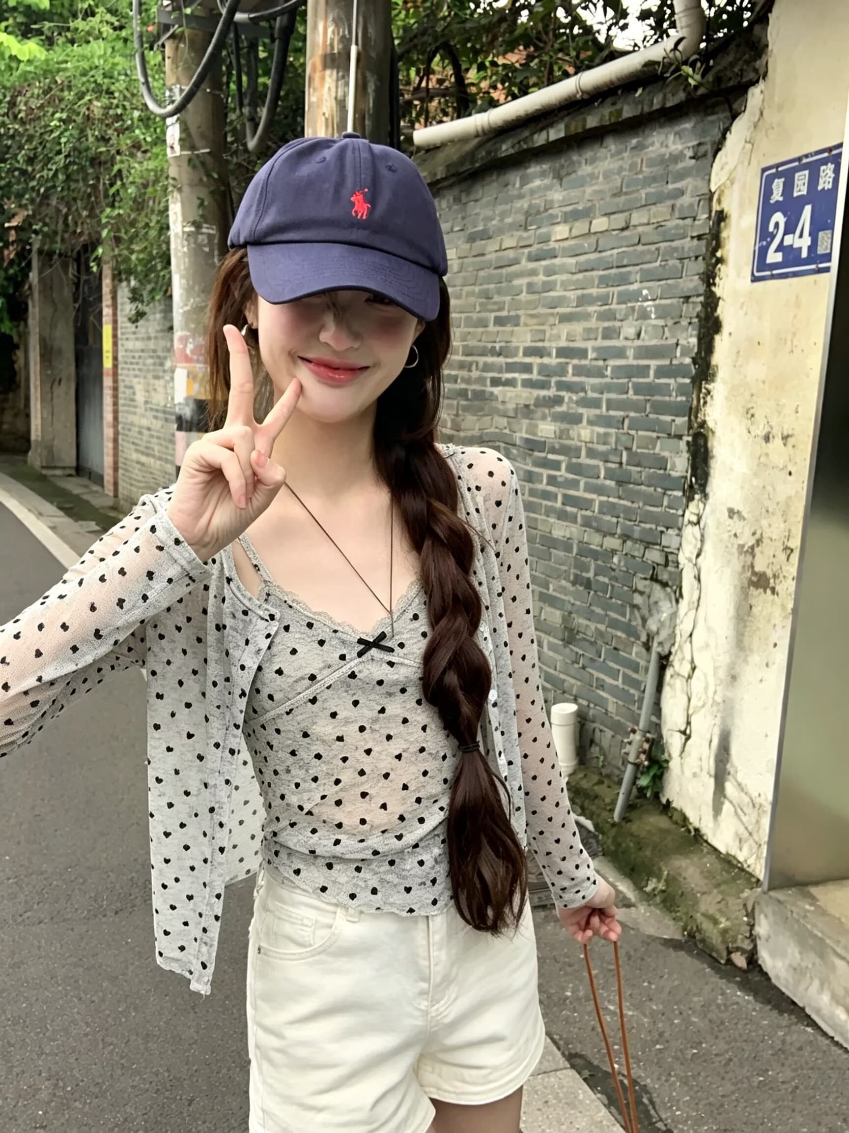 실사 눈 푸 우유 서리 순수한 욕망 바람 헤일로 염색 하트 프린트 식물 플러시 레이스 슬립 자외선 차단 오픈 가디건 상세 이미지 3