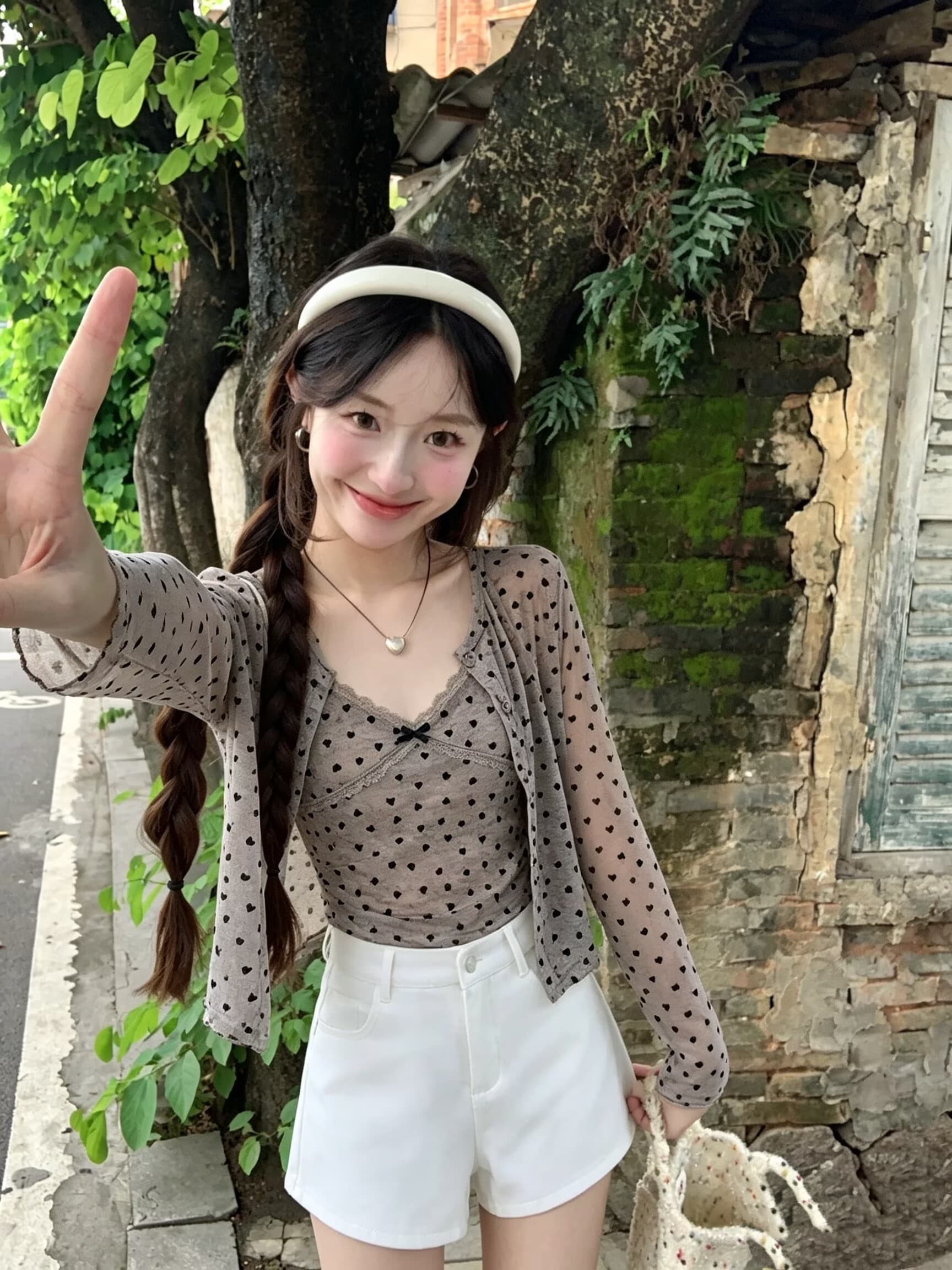 실사 눈 푸 우유 서리 순수한 욕망 바람 헤일로 염색 하트 프린트 식물 플러시 레이스 슬립 자외선 차단 오픈 가디건 상세 이미지 13