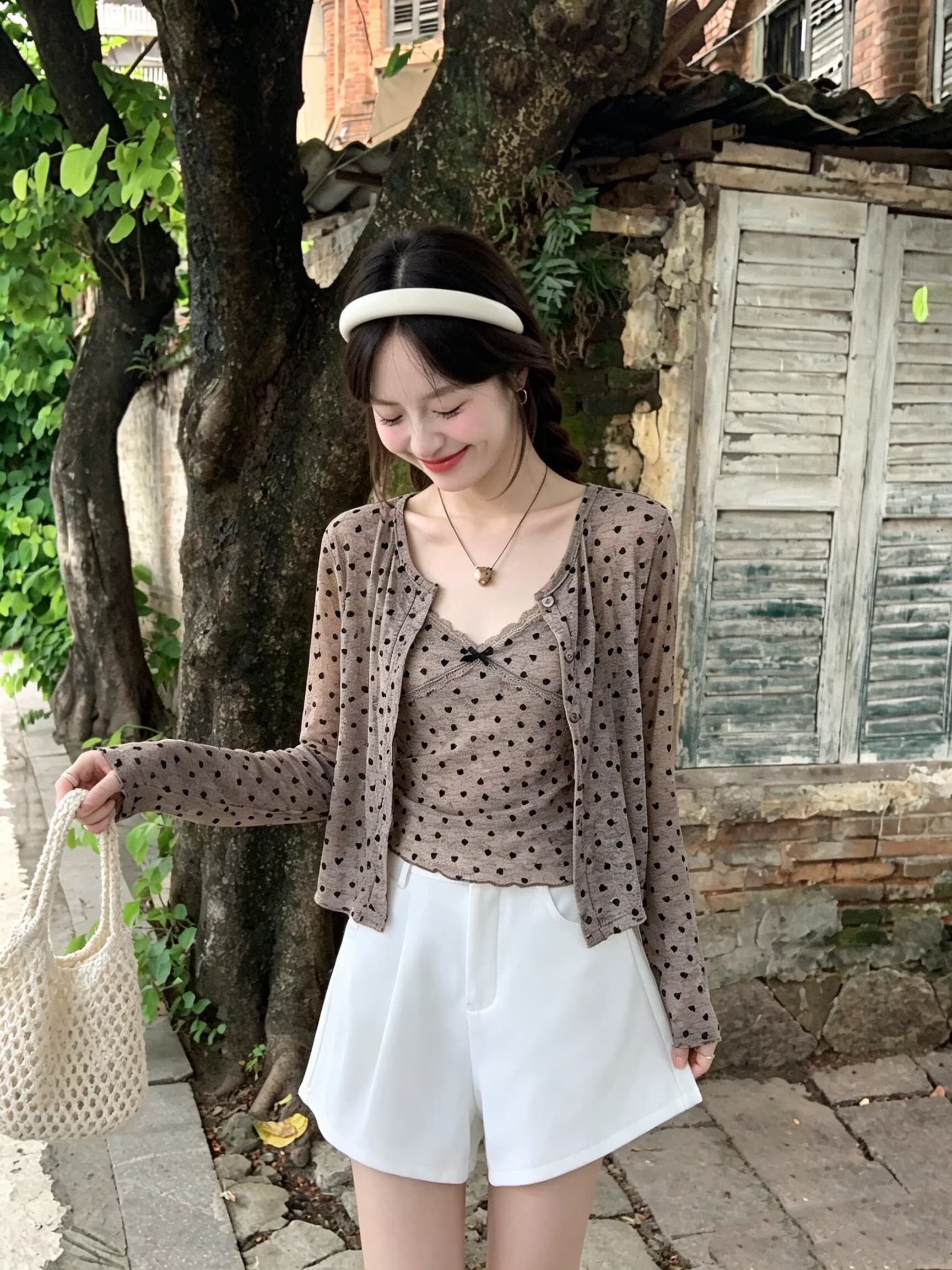 실사 눈 푸 우유 서리 순수한 욕망 바람 헤일로 염색 하트 프린트 식물 플러시 레이스 슬립 자외선 차단 오픈 가디건 상세 이미지 14