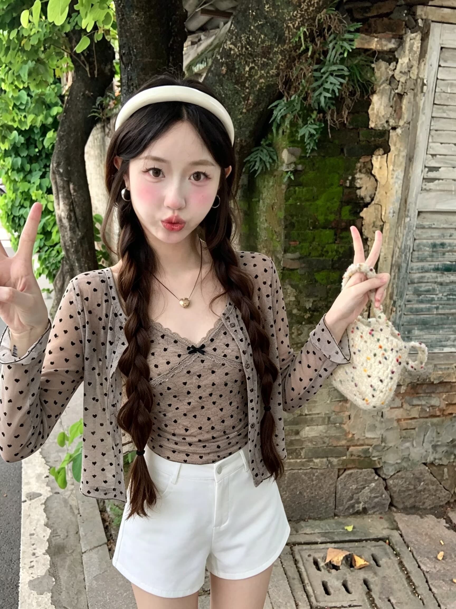 실사 눈 푸 우유 서리 순수한 욕망 바람 헤일로 염색 하트 프린트 식물 플러시 레이스 슬립 자외선 차단 오픈 가디건 이미지 4